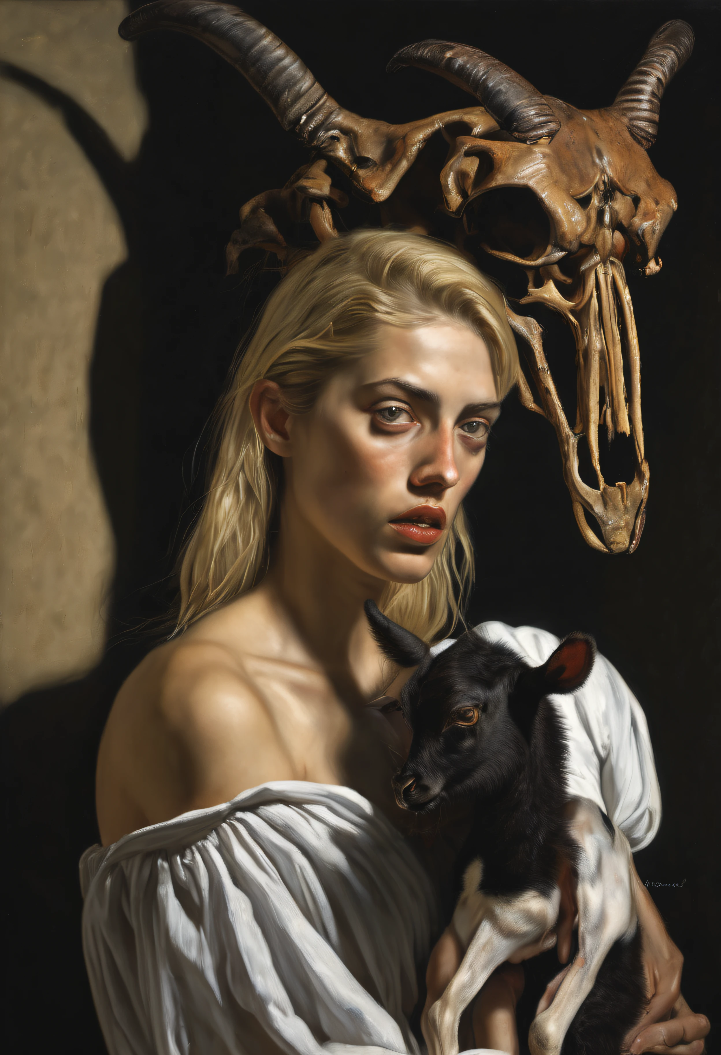 "(The best lighting, alto contraste, oscuro, dramatic),(Chica rubia junto a una cabra negra gigante, Open the rib cage, feto, autopsia, huesos humanos, sangre por las paredes). Luz Caravaggio"