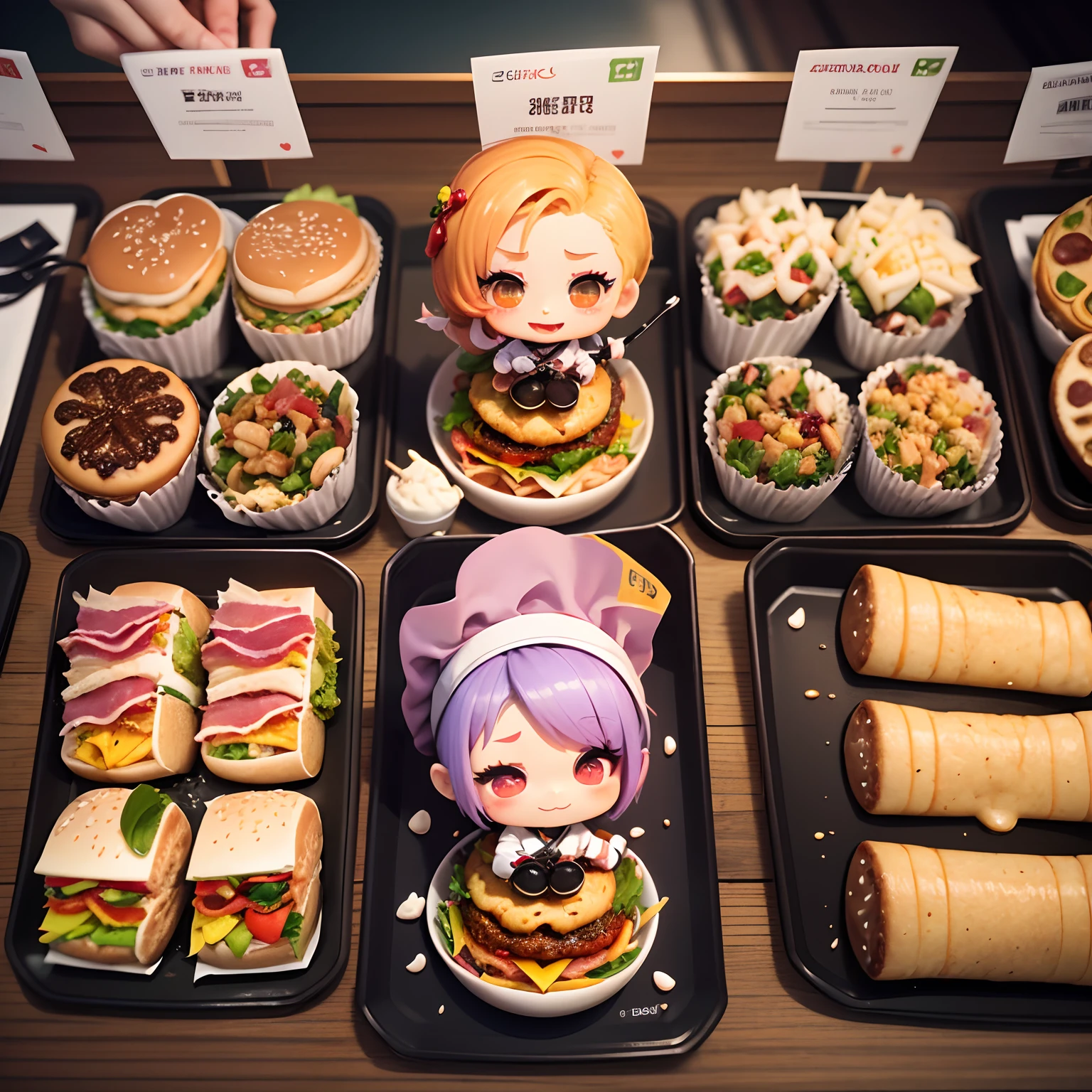 masterpiece、top-quality、ultra-detailliert、(Chibi Chara Food Fighter:1.3)、Purple Bob、Double Cheese Bacon Big Burger🍔、Set Menu、Inside a fast food restaurant、eats、A smile