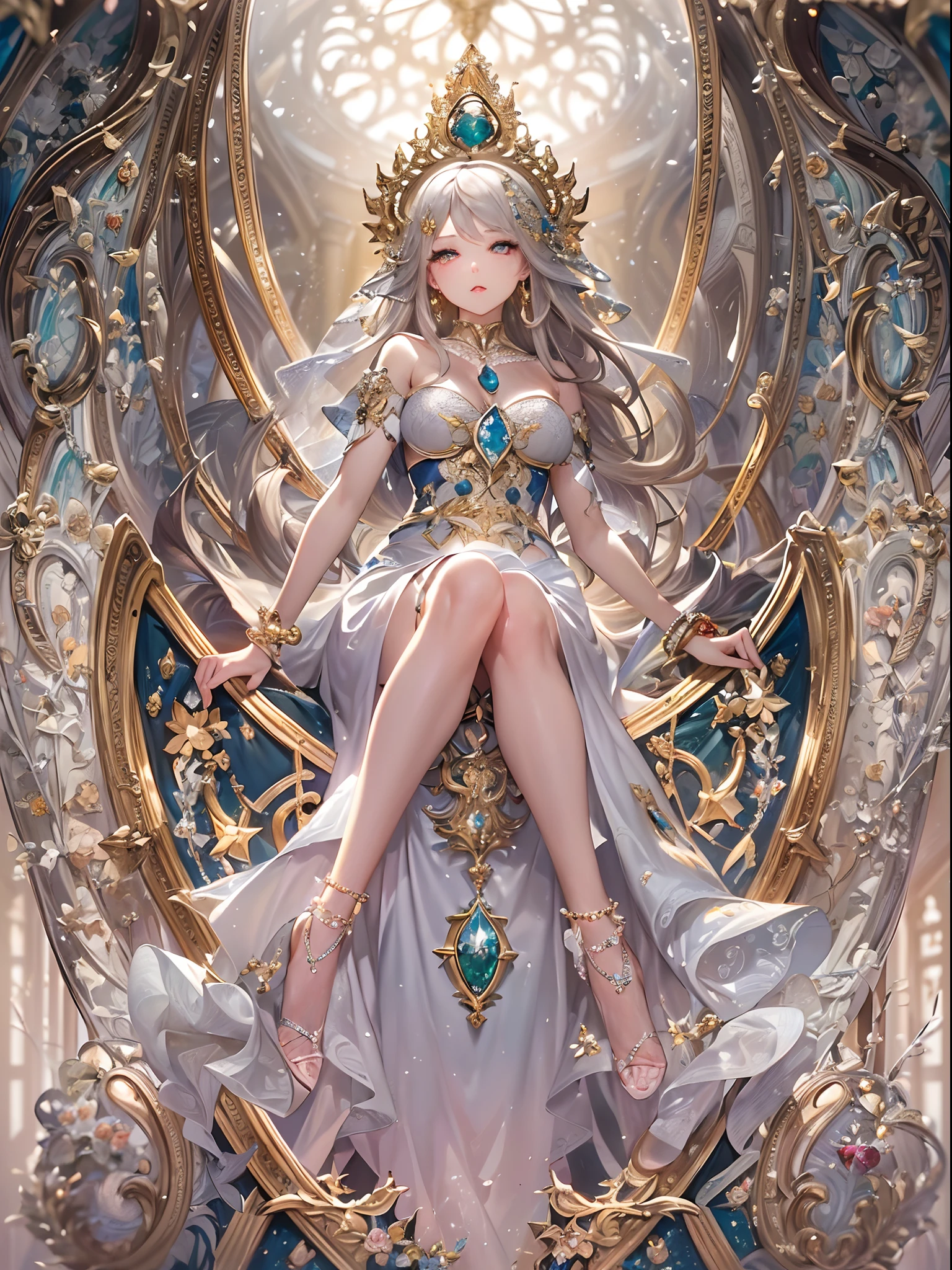 A goddess sits on a throne,There is a light,(A beautiful fantasy queen),(((Wearing a white lace skirt))),on her throne,anime goddess,sitting in a gilded throne,sitting on her throne,goddes。extremly high detail,2.5D CGI anime fantasy artwork,sitting on intricate throne,8K high quality detail art,beautiful elegant demon queen