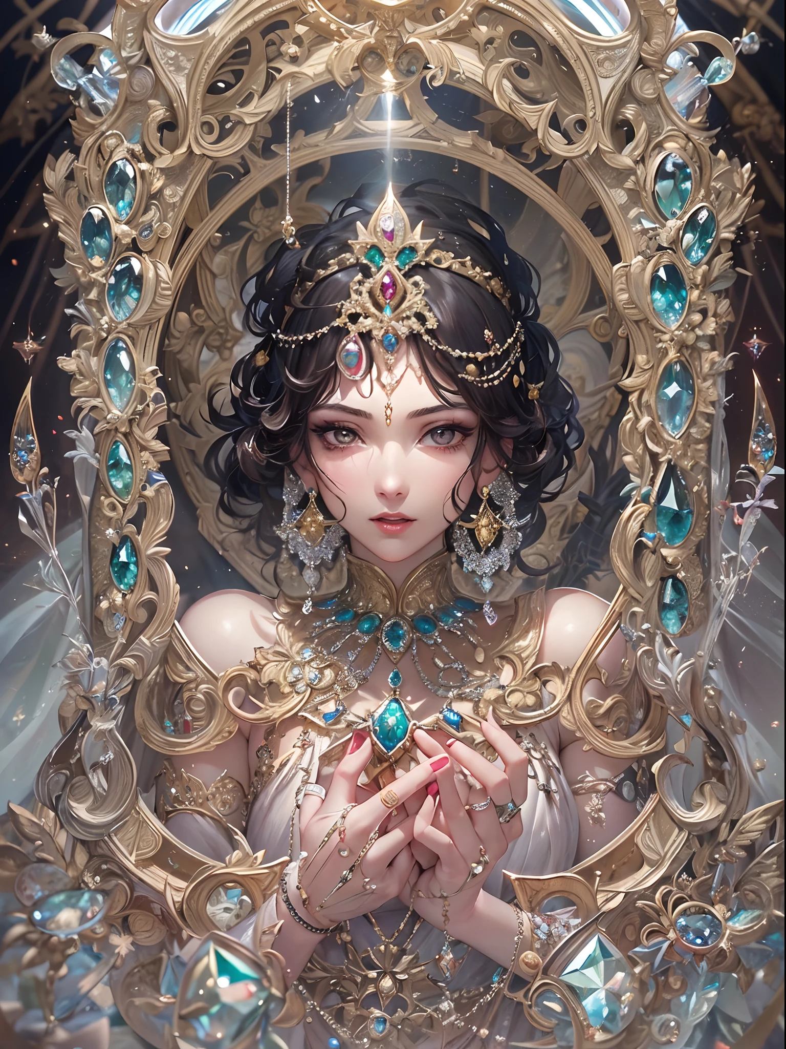 from below:1.2, (Masterpiece), 8K, exposed, (Acutance:0.85), surrealism, (Extremely detailed:1.35), god rays, Zoom Layer, (((RAW photorealistic:1.37))), F/4.0, Hasselblad, Detailed glistening skin,Detailed face, Detailed eyes, Beautiful bride goddess, delicate lace knitted see-through wedding dresses, (Mystical sight:1.2), ((Colorful rays through Elaborate stained glass:1.4)), (Overflowing Gigantic Cleavage:1.37), Biomechanical HUGE and HEAVY boob, navel, (Chain tiara with brilliant ruby), { ((correct hands))|((hidden hands)) }, { Shadowless | Dazzling | Hi-Saturation | blonde Light }, (Dutch angle:-1)
