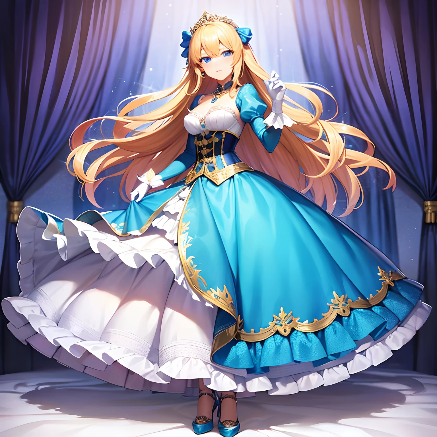 16 years old prince transformed into a pretty princess, is happy, drawn in anime art style, steampunk, long blond hair with a ribbon, blue eyes, average size breast, blushing, very feminine, beautiful blue floral gown with puffy sleeves, bustle, white elbow gloves, corset, gold earrings and necklace, tiara, ribbons, high heels, lipstick, makeup, blue eyeshadow, in princess bedroom, standing up in elegant pose.