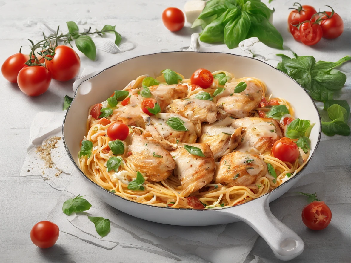 Spaggeti with Chicken and Cherry Tomatoes Dish,Chicken Pieces, greens on top,melted cheese on top,Professional photo, 4k, hight resolution,hyper realisitc, food style, Focus on adjika, From the restaurant,higly detailed