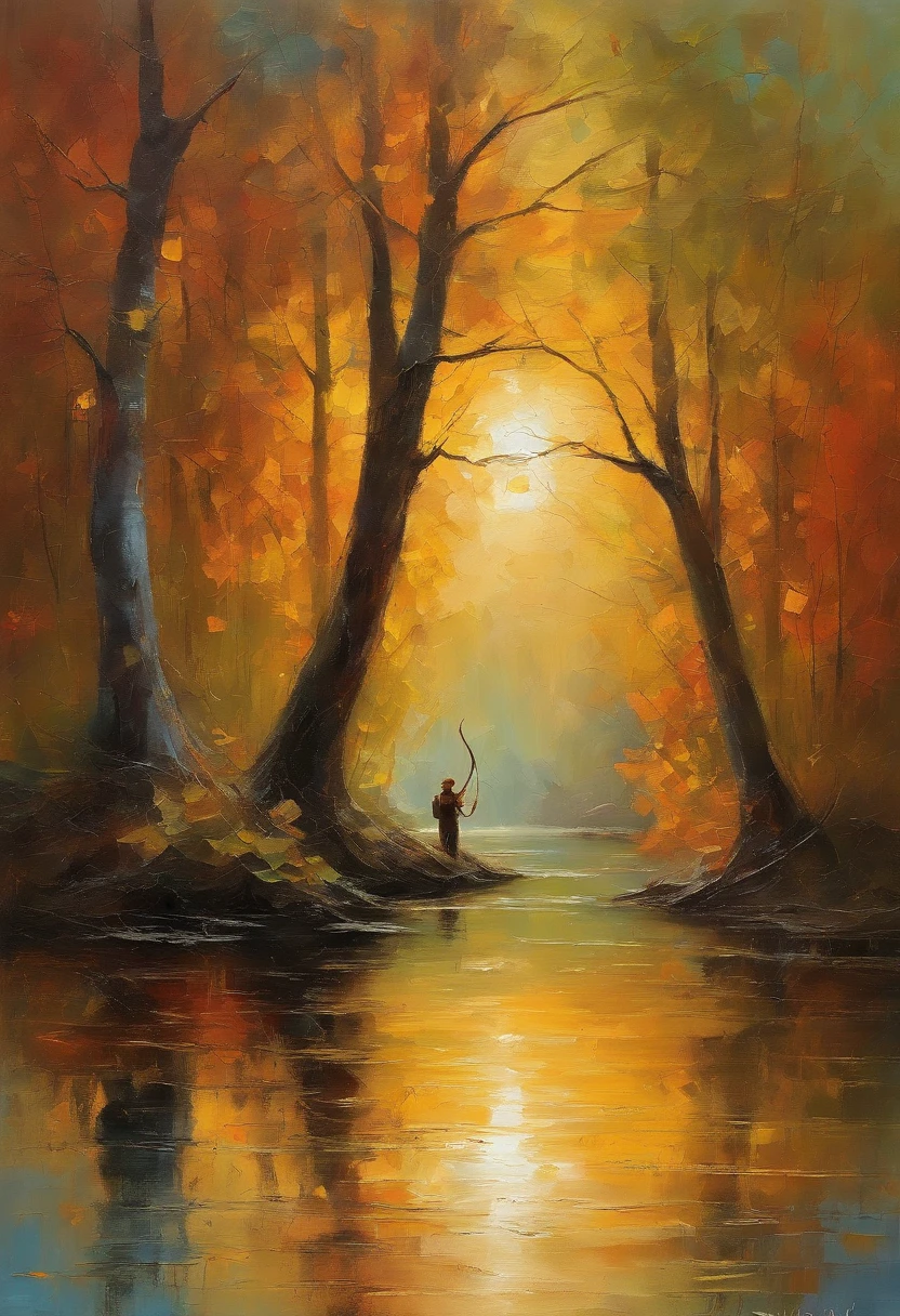 archery scene,Turner style,oil painting,vibrant colors,soft brushstrokes,impressionistic,beautifully captured sunlight,forest background,archer aiming precisely,bow and arrows,subtle texture,rich palette,graceful movements,atmospheric perspective,dramatic light and shadow,ethereal atmosphere,sublime nature,the thrill of the sport,passion for precision,silhouettes against the sky,majestic trees,intricate details,expansive landscape,serene and powerful,feeling of tranquility,play of light on the leaves,subtle reflections in the water,dynamic composition,expressive brushwork,sublime beauty,contrast of warm and cool tones,impressive mastery of technique,awe-inspiring scene.