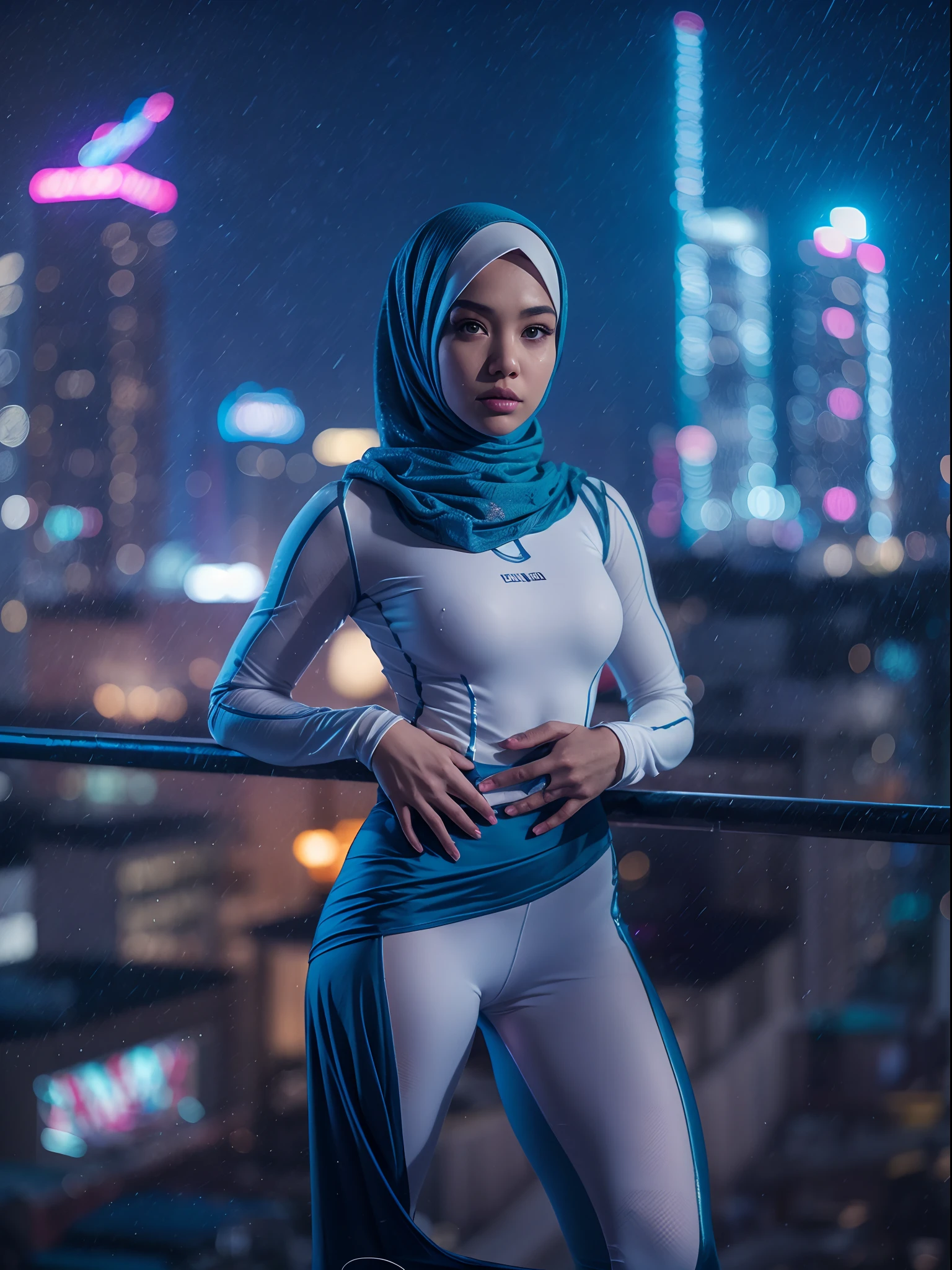 1 malay girl, solo, hijab, blue eyes, medium hijab, superhero, blue and white leotard, leggings, boots, hands on hip, top of building, city background, bokeh, nighttime, high quality, ultra detail, 8k, action pose, cinematic lighting, cinematic smoke,