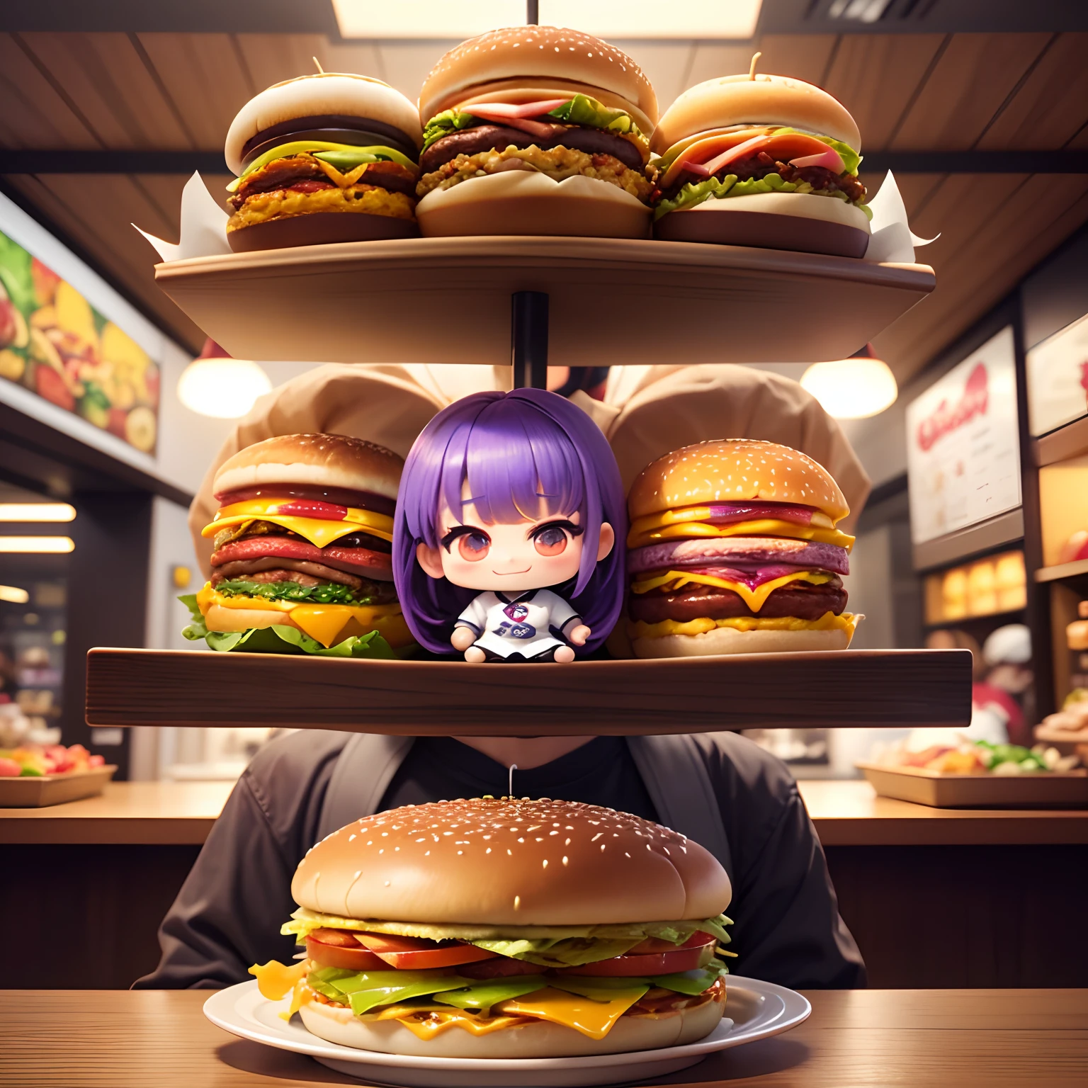 masterpiece、top-quality、ultra-detailliert、(Chibi Chara Food Fighter:1.3)、Purple Bob、Double Cheese Bacon Big Burger🍔、Set Menu、Inside a fast food restaurant、eats、A smile