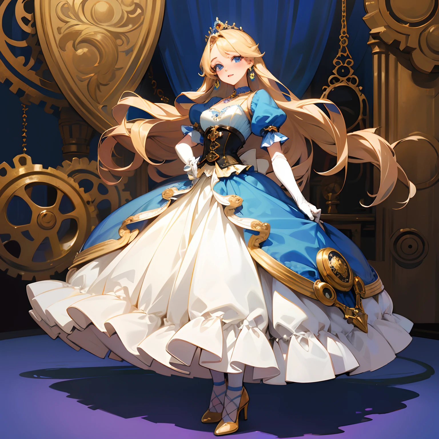 16 years old prince transformed into a pretty princess, is happy, drawn in anime art style, steampunk, long blond hair with a ribbon, blue eyes, average size breast, blushing, very feminine, beautiful blue floral gown with puffy sleeves, bustle, white elbow gloves, corset, gold earrings and necklace, tiara, ribbons, high heels, lipstick, makeup, blue eyeshadow, in princess bedroom, standing up in elegant pose.