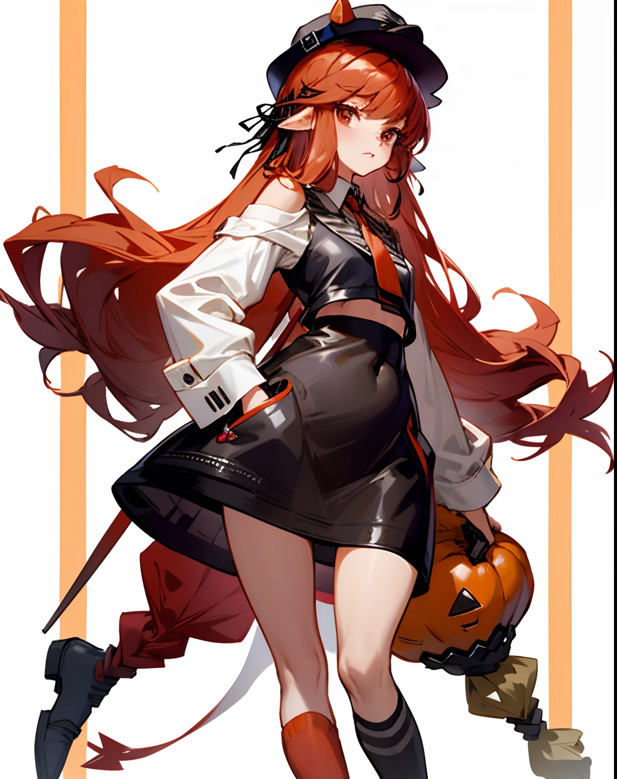 cropped shoulders，knee length socks，Halloween，Pumpkin dress-up，Stand up，With a hat on，standing straight，leather shoes