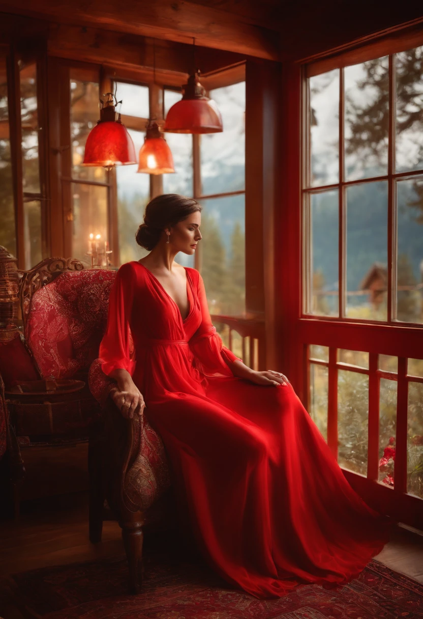 Illuminated brunette , Robe rouge , chalet montage , Ambiance chaude , sulfureuse , @Jack