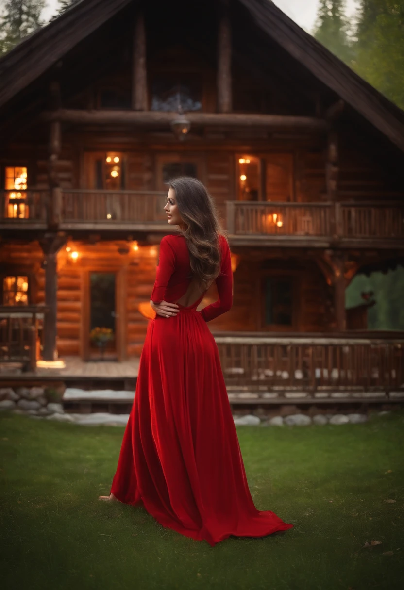 Illuminated brunette , Robe rouge , chalet montage , Ambiance chaude , sulfureuse , @Jack