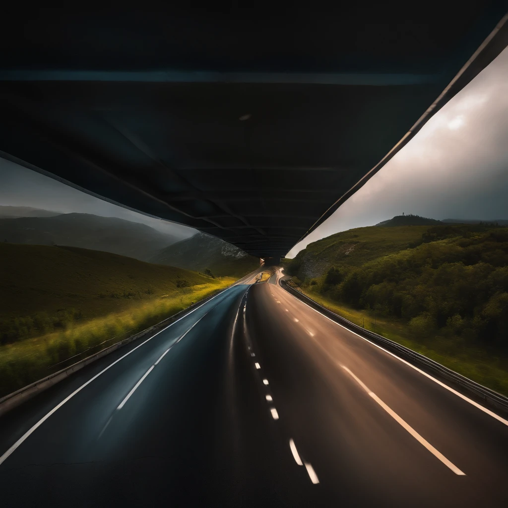 Upcoming independent tunnel，There was nothing else on the road，without background，Front view，shot from a far distance，No clutter