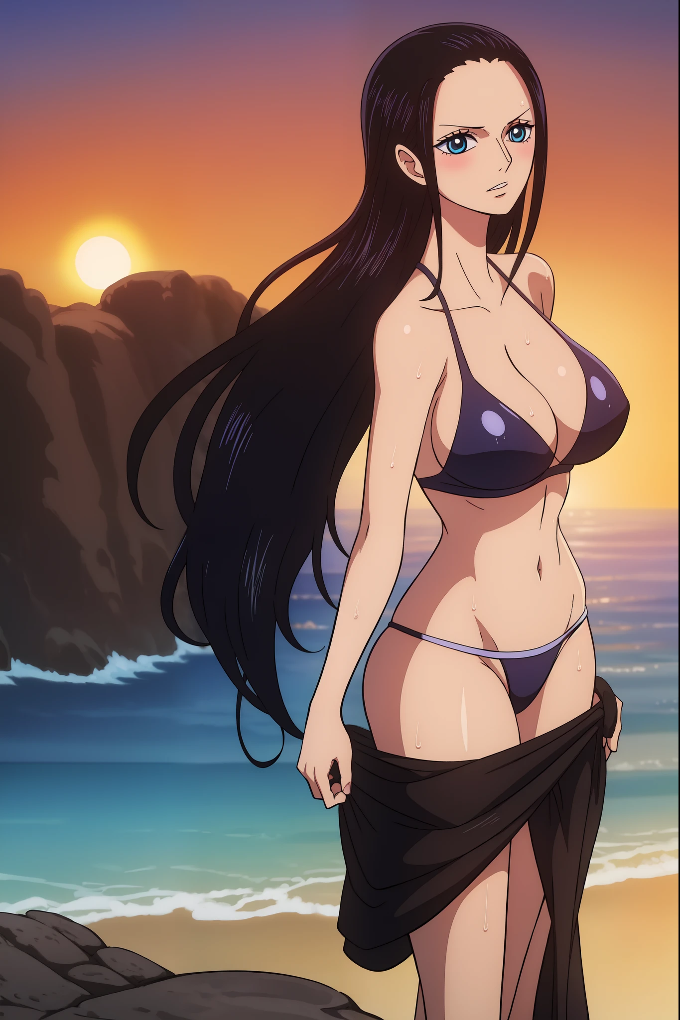 Nico Robin from one piece, black long hair, blue eyes, dark wide pupils, blushing, big breasts, wearing thong bikini, standing in the beach, sunrise, shiny skin, wet body, abs, muscle, six pack, dynamic view, close up,