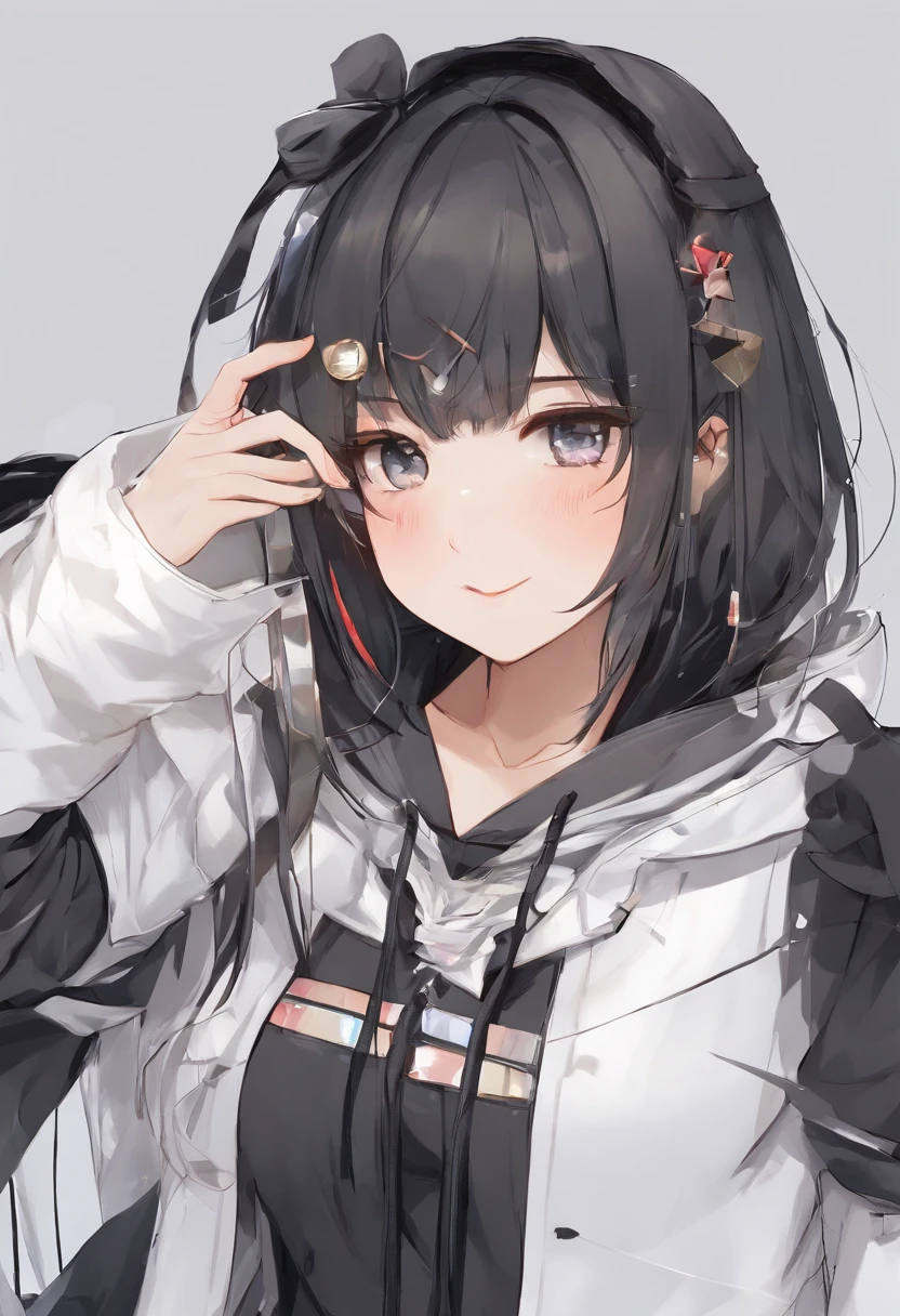 1 female、独奏、short-hair、Opening Mouth、bangss、hair adornments、long-sleeve、bow ribbon、鎖骨、Hair Ribbon、grey  eyes、A dark-haired、multicolored hair、Close one eye、hoods、Two-side-up、Sleeves go up to the wrist、a black ribbon、parka、Hood down、Sleeves go over the fingers、sleepy、White hoodie、yawns、Moe Sleeve、Absolute area、Black Non-Sleeve