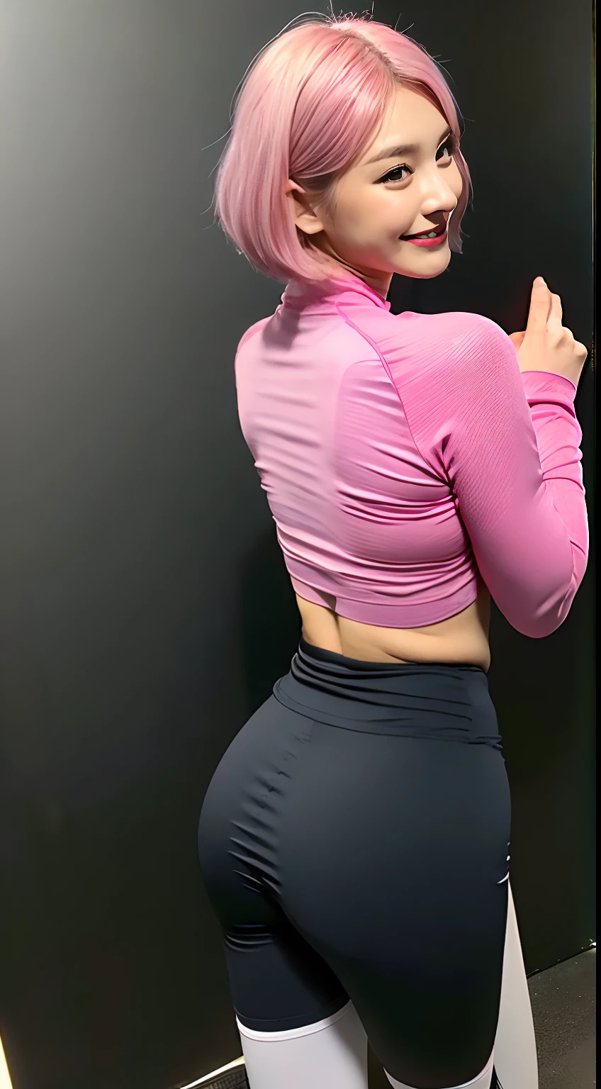 ((top-quality、8K、masterpies:1.3、Being in the gym、Power Rack、Pink bob hair、Long Sleeve High Neck Yoga Wear,Black walls、((posterior view))、hip lines、From the knee up))、1girl in、Slim Beauty:1.3、Super Detail Face、Delicat eyes、二重まぶた、facial expression of smile、full body Esbian、Suntan-Skin、20yr old、bobhair、short-cut、erotick、Sensual look、stare