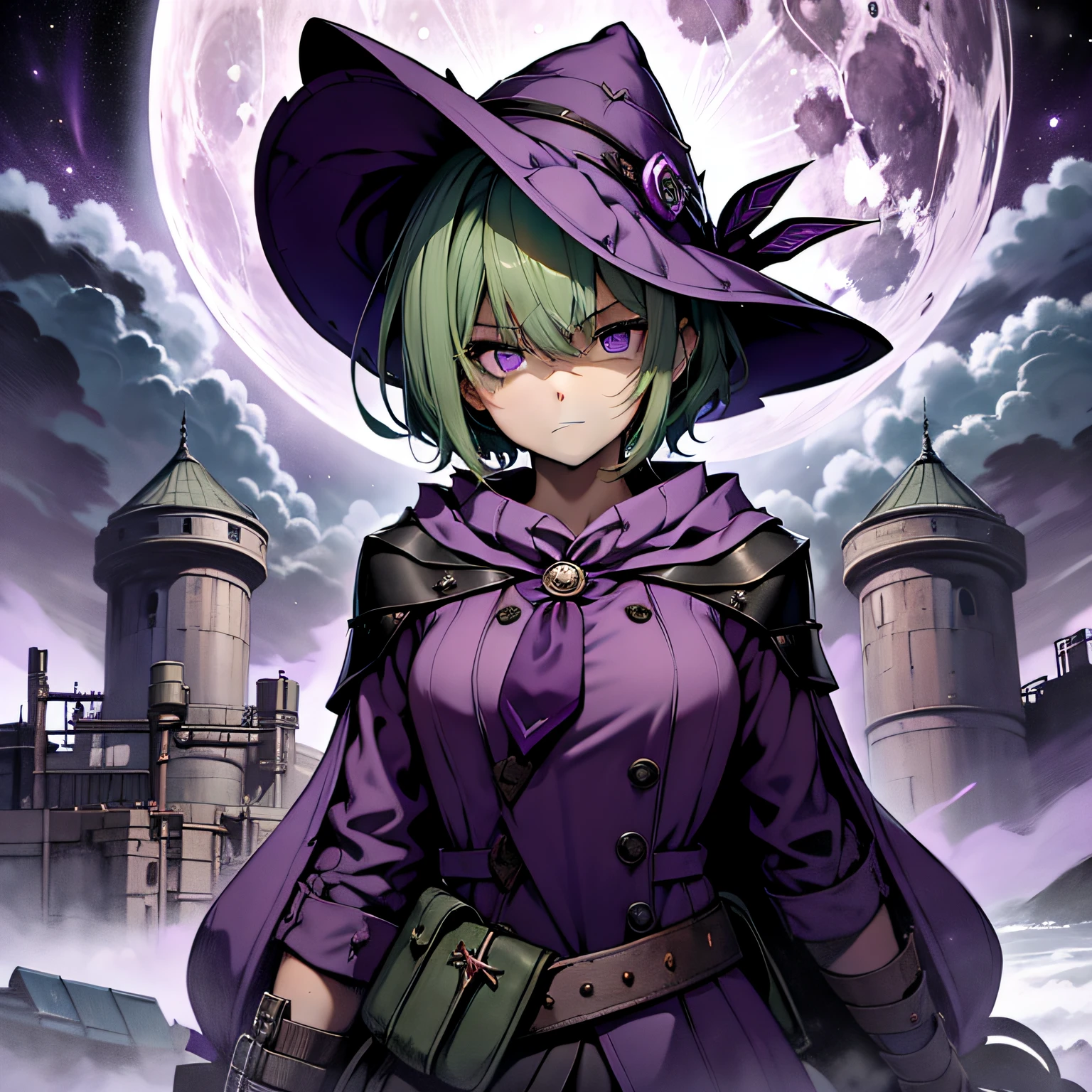 top-quality、extremely delicate and beautiful、(A teenage girl)、Purple Eye、Green hair、short-haired、(purple witch hat)、Purple tie、Soio、shortsleeves、Purple skirt、Purple Wizard Robe、Navel、is standing、Facing the front、Expression of hatred、Full moon night on background、Only eyes