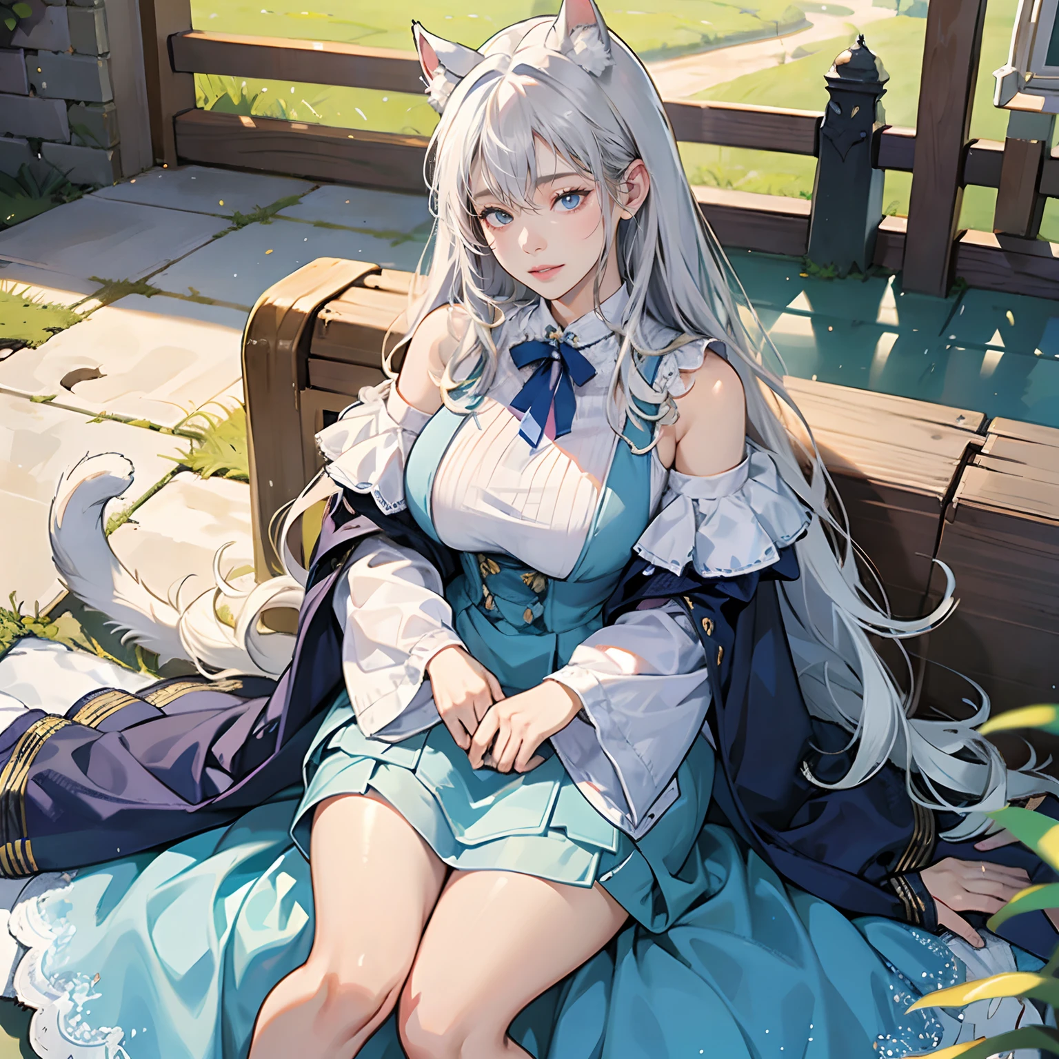 Women in Their 20s、2 females:2.0、offcial art, unity 8k wall paper, ultra-detailliert, beautifly、Aesthetic, ​masterpiece, top-quality, Photorealsitic、Cat-eared clan、Cat's ears、very thick tail:1.5、very thick and long tail、azure eyes、Silver-white hair、shorth hair、Collar with bell:2.0、Sky blue apron dress、Light blue blouse、depth of fields, Fantastic atmosphere, Calm palette, tranquil mood, Soft shading、cobblestone road、Stone signpost、Rivers and bridges、Beautiful Landscapes、bbw、very large breast、plump figure、krystal、Cat's ears:1.8、Cat ears on the head、thick waist、thick thight、an legs