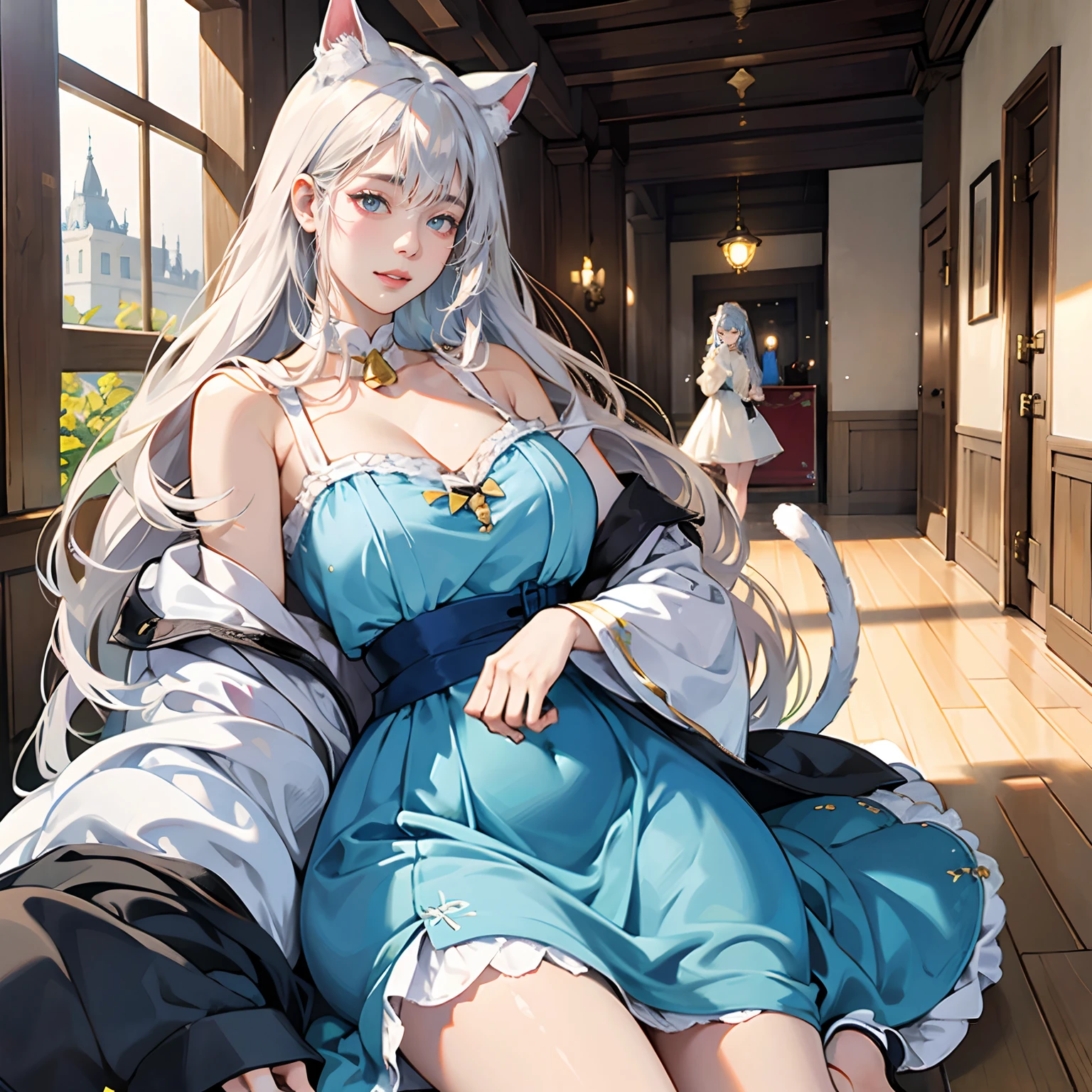 Women in Their 20s、2 females:2.0、offcial art, unity 8k wall paper, ultra-detailliert, beautifly、Aesthetic, masterpiece, top-quality, Photorealsitic、Cat-eared clan、Cat's ears、very thick tail:1.5、very thick and long tail、azure eyes、Silver-white hair、shorth hair、Collar with bell:2.0、Sky blue apron dress、Light blue blouse、depth of fields, Fantastic atmosphere, Calm palette, tranquil mood, Soft shading、cobblestone road、Stone signpost、Rivers and bridges、Beautiful Landscapes、bbw、very large breast、plump figure、krystal、Cat's ears:1.8、Cat ears on the head、thick waist、thick thight、an legs