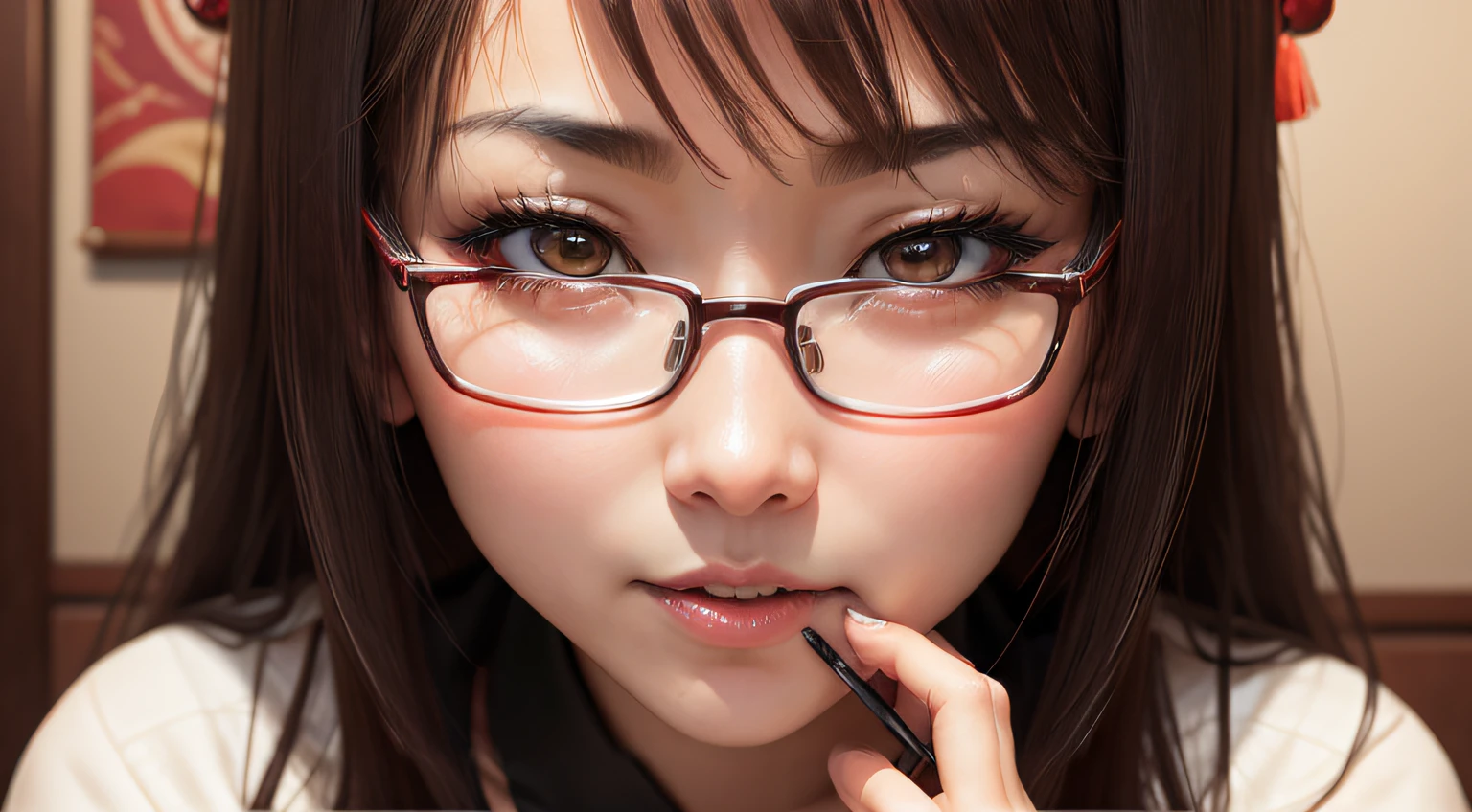 there is a woman with glasses and a red skirt holding a cell phone, close up iwakura lain, chiho, with glasses, 奈良美智, close up of lain iwakura, pov, a hyperrealistic schoolgirl, ayami kojima amano, of a youthful japanese girl, けもの