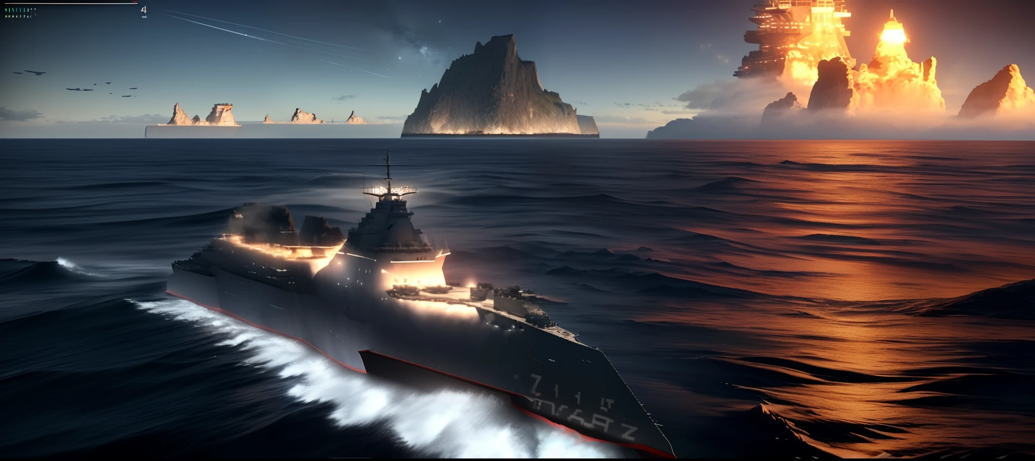 arafed navy ship in the middle of the ocean with a rock island in the background, realistic military carrier, ocean simulation, simulated space combat, stardestroyer in the background, rendered in cryengine, realistic warship design, terragen, in game graphic, space ship above an island, rendering of checkmate, sharp render, screenshot from game, rendered in unrealengine