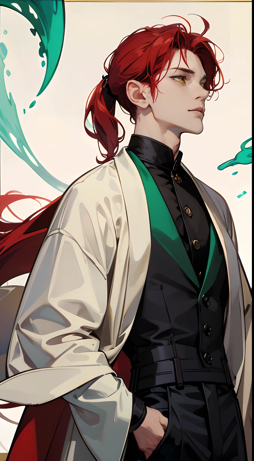 A man with short scarlet hair and a short ponytail, Yellow eyes, white robe, biologist, Herbal Remedies, Flowers, mint, maniacal gaze, Malachite finger ring, rabies, laughter, black pant