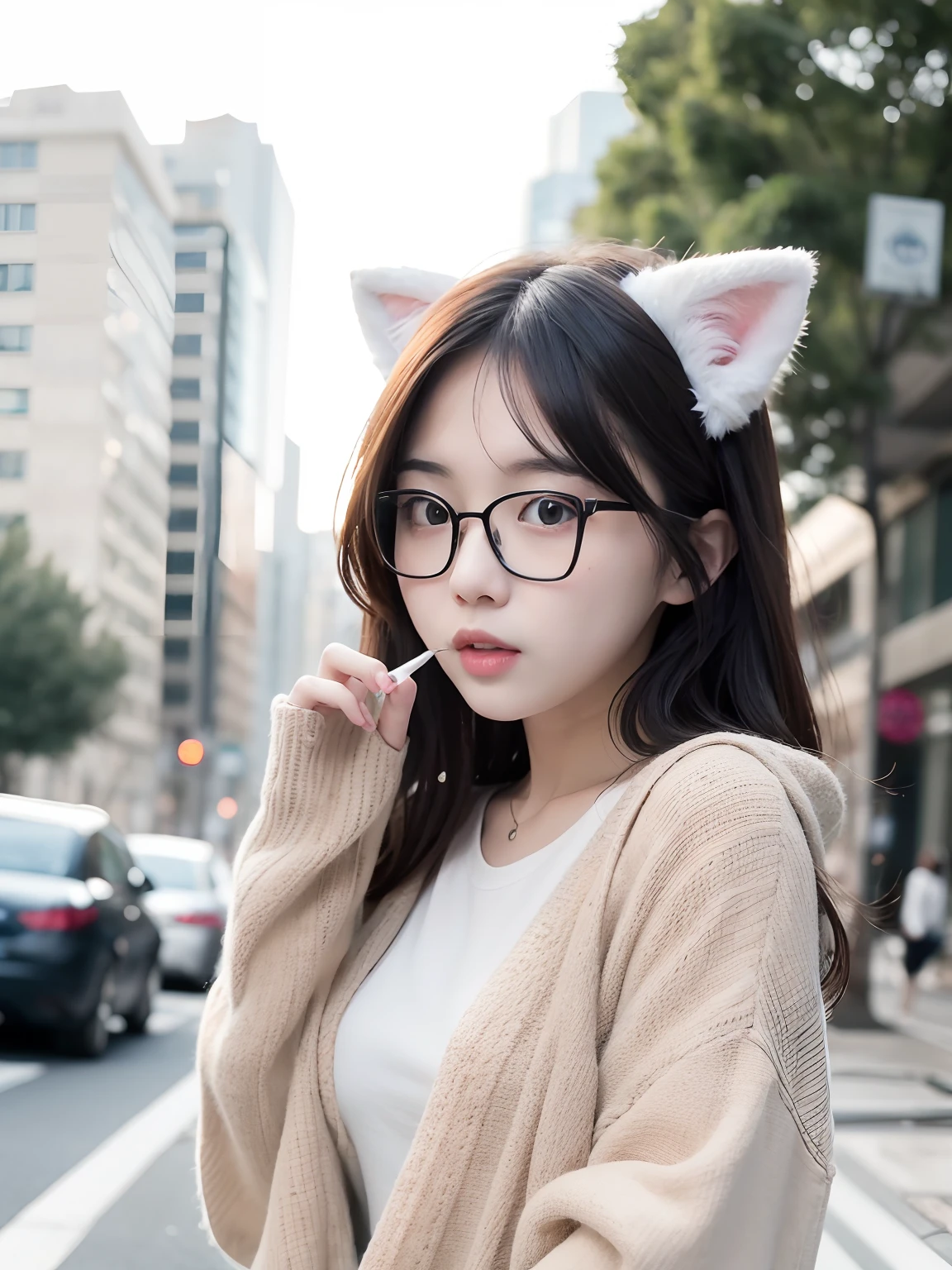 Chinese girl smokes in her mouth,Wearing glasses,Half-black, half-white, Arapefi walked down the street, Korean girl, sakimichan, Attractive cat girl, Gorgeous young Korean woman, beautiful young catgirl, korean women's fashion model, ulzzangs, beautiful Korean women, Choi Hyun-hwa, trending on cgstation, jaeyeon nam, very beautiful cute catgirl, Shin Jinying