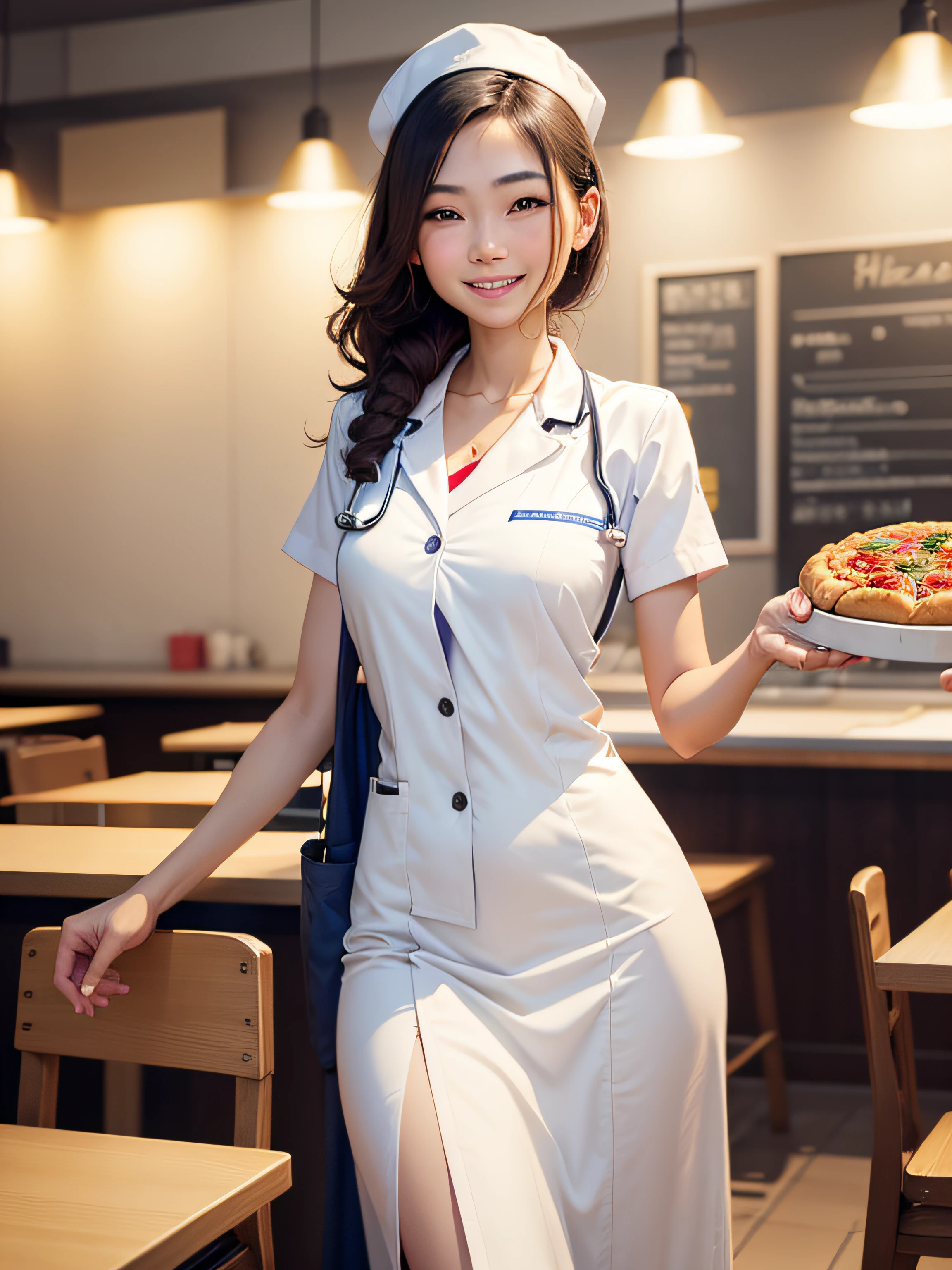 a woman doctor, with stethoscope on her shoulders, is standing, happy and smiling, she is in a pizzeria, he is an Asian woman, beautiful and thin.