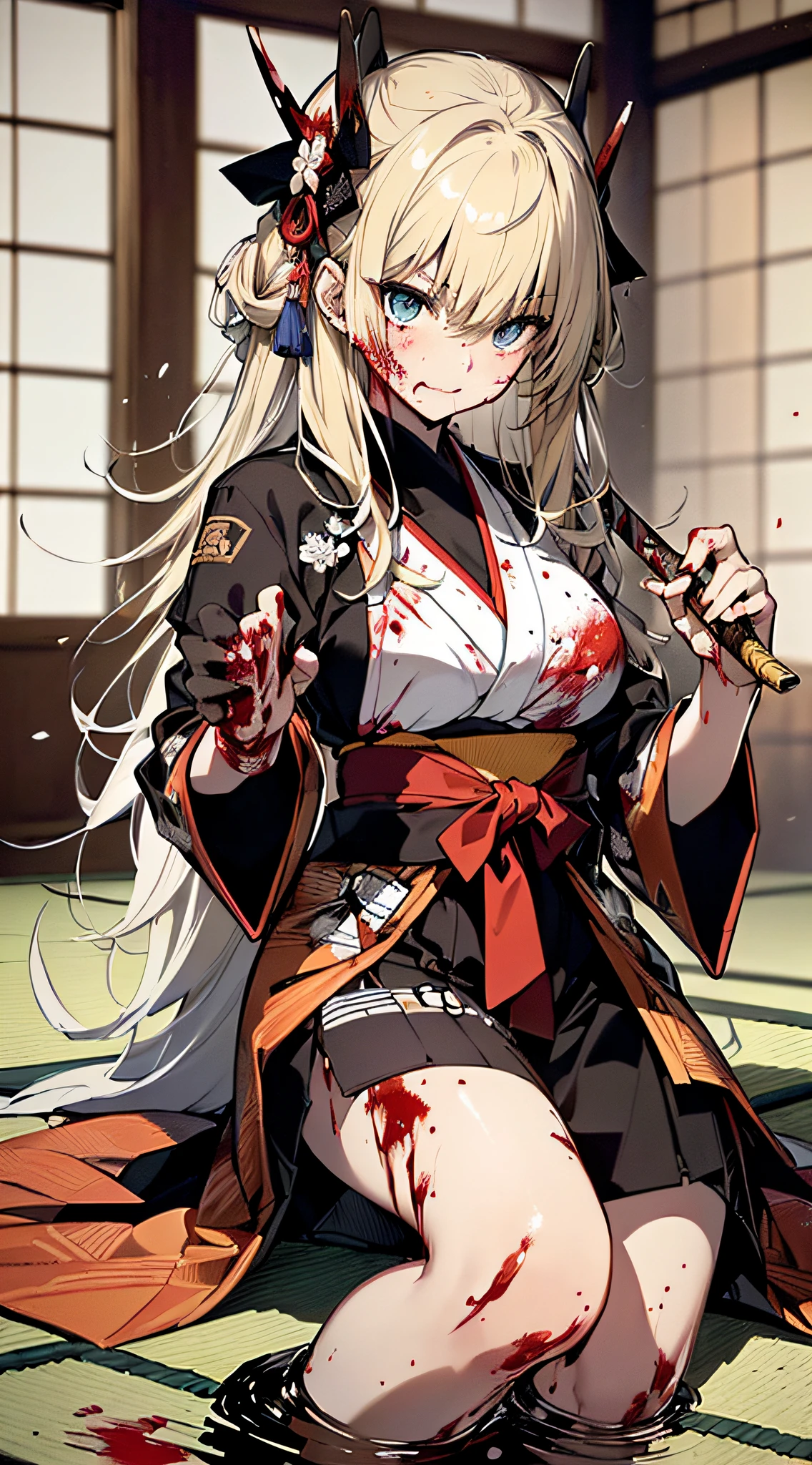 top-quality、Top image quality、masterpiece、girl with((cute little、18year old、Best Bust、Medium bust、Bust 85,Beautiful blue eyes、Breasts wide open,Blonde long hair、A slender、Black Samurai Costume、Murderous face,Japan holding the sword in his right hand、black and white color scheme、fighting poses、systemic return blood、Reflecting the whole body))hiquality、Beautiful Art、Background with((Japanese-style room、The screen is covered in blood、Bloody tatami mats、Bloody fusuma、Shoji with blood)),masutepiece、Elaborate design、visualart、depth of fields、The best lighting、highestdetailed、8k,、Art of Kurosawa World