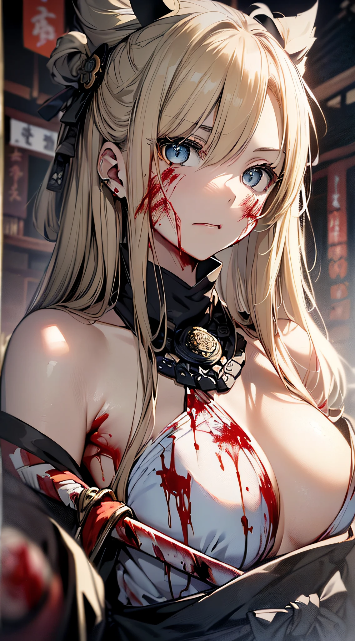 top-quality、Top image quality、​masterpiece、girl with((cute little、18year old、Best Bust、Medium bust、Bust 85,Beautiful blue eyes、Breasts wide open,Blonde long hair、A slender、Black Samurai Costume、Murderous face,Japan holding the sword in his right hand、black and white color scheme、fighting poses、systemic return blood、Reflecting the whole body)）hiquality、Beautiful Art、Background with((Japanese-style room、The screen is covered in blood、Bloody tatami mats、Bloody fusuma、Shoji with blood)),masutepiece、Elaborate design、visualart、depth of fields、The best lighting、highestdetailed、8ｋ,、Art of Kurosawa World