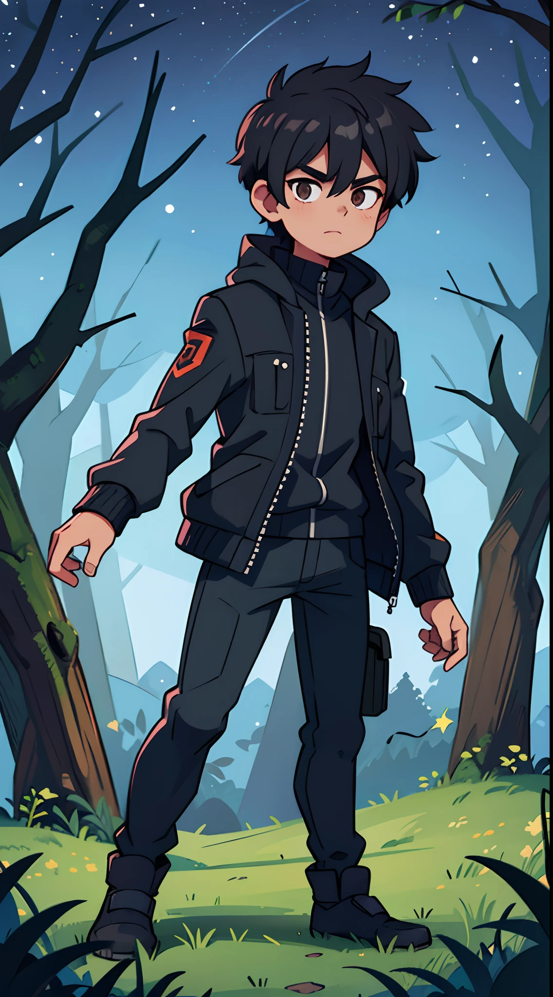 1 blacked haired male character looking at the stars in the forest at the night time, wearing a black jacket