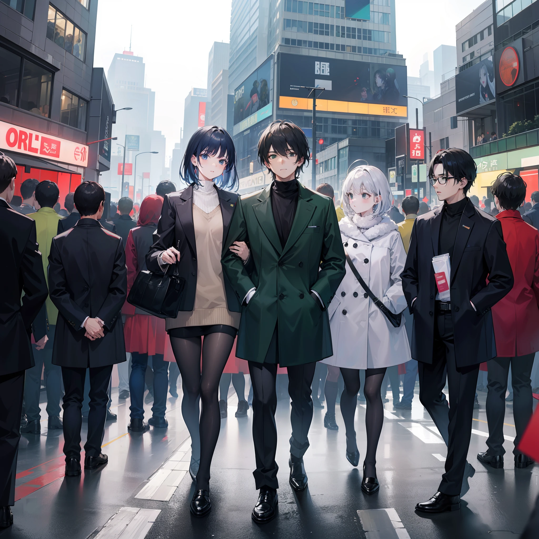 Modern age city,Crowd background,traffic light,Men and women look at each other,