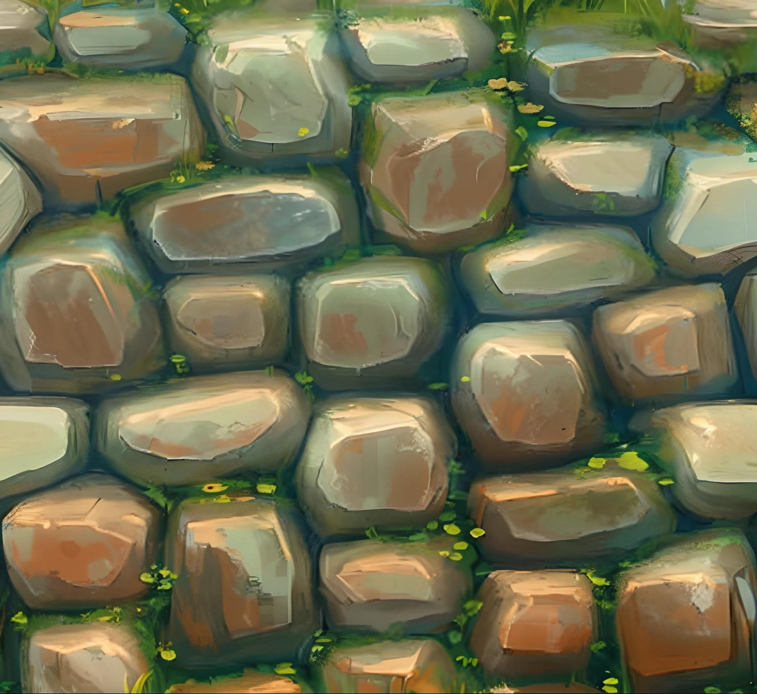 Stylized stone wall Texture, world of Warcraft style Texture, fantasy games stylzed Texture, tilleable, stone wall Stylize texture map, the stones surfaces are smooth, sharp image, high contrasts, natural clear blue sky day light, highly detailed, vivid colored, soft the stones surface, smooth color blending, Use of vivid colors, smooth and soft the wall stones edges.