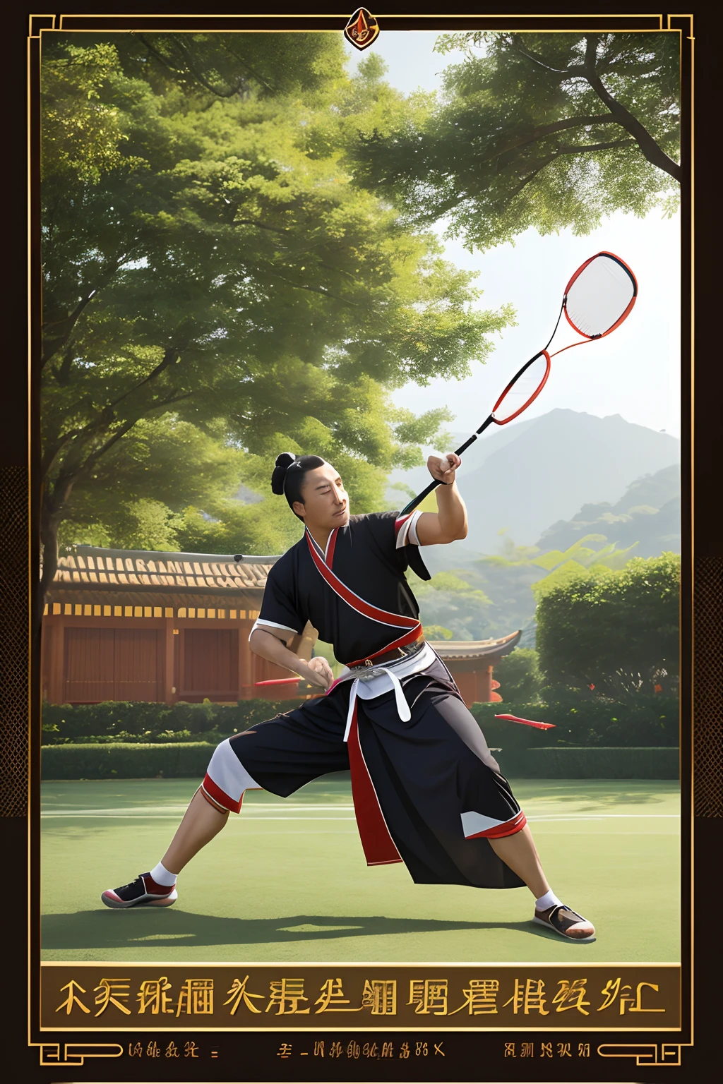 Created the scene of the Tang Dynasty poet Li Bai and others playing badminton.Background of poetic scene under woods and plant trees badminton racket frame material：STD highly resilient carbon fiber clapper material：STD highly elastic carbon fiber pat weight：4U、5U、6U pat length：675mm handle thickness：G4、G5、G6 middle tube toughness：Soft pull cord pounds：4U≤32LBS;5U≤31LBS;6U≤27LBS Equalization Point：300mm AR5：7--q2--V51--s750--Style original