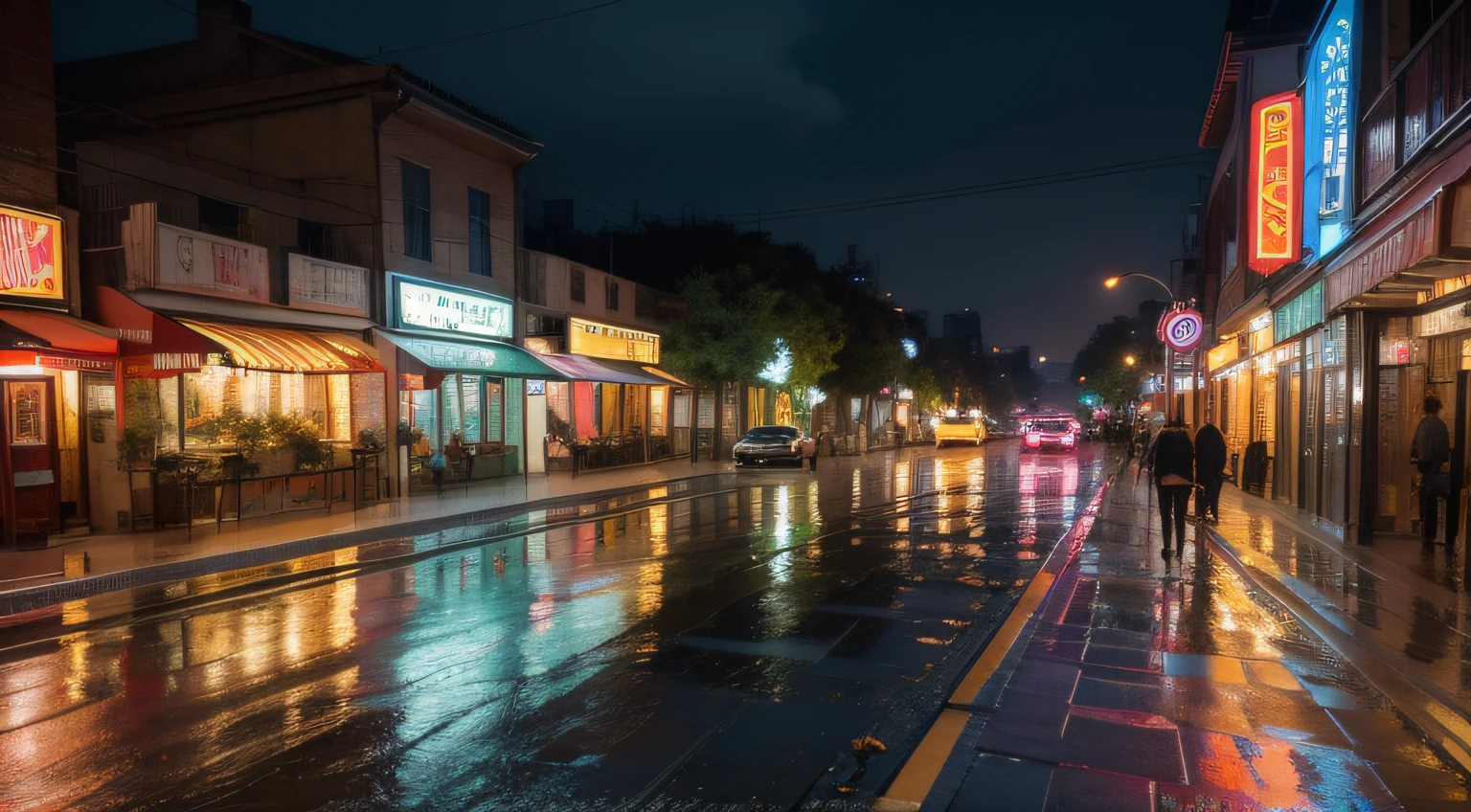 rainy evening, old city, the street, flagstone road, High detail, High detail, Neon signboards in various colors，Roadside greenery，Cinematic lighting, Ray tracing, Ultra-wide angle, Satellite image, aerial shot，hyper HD, Masterpiece, Super detail, Best quality, 4K