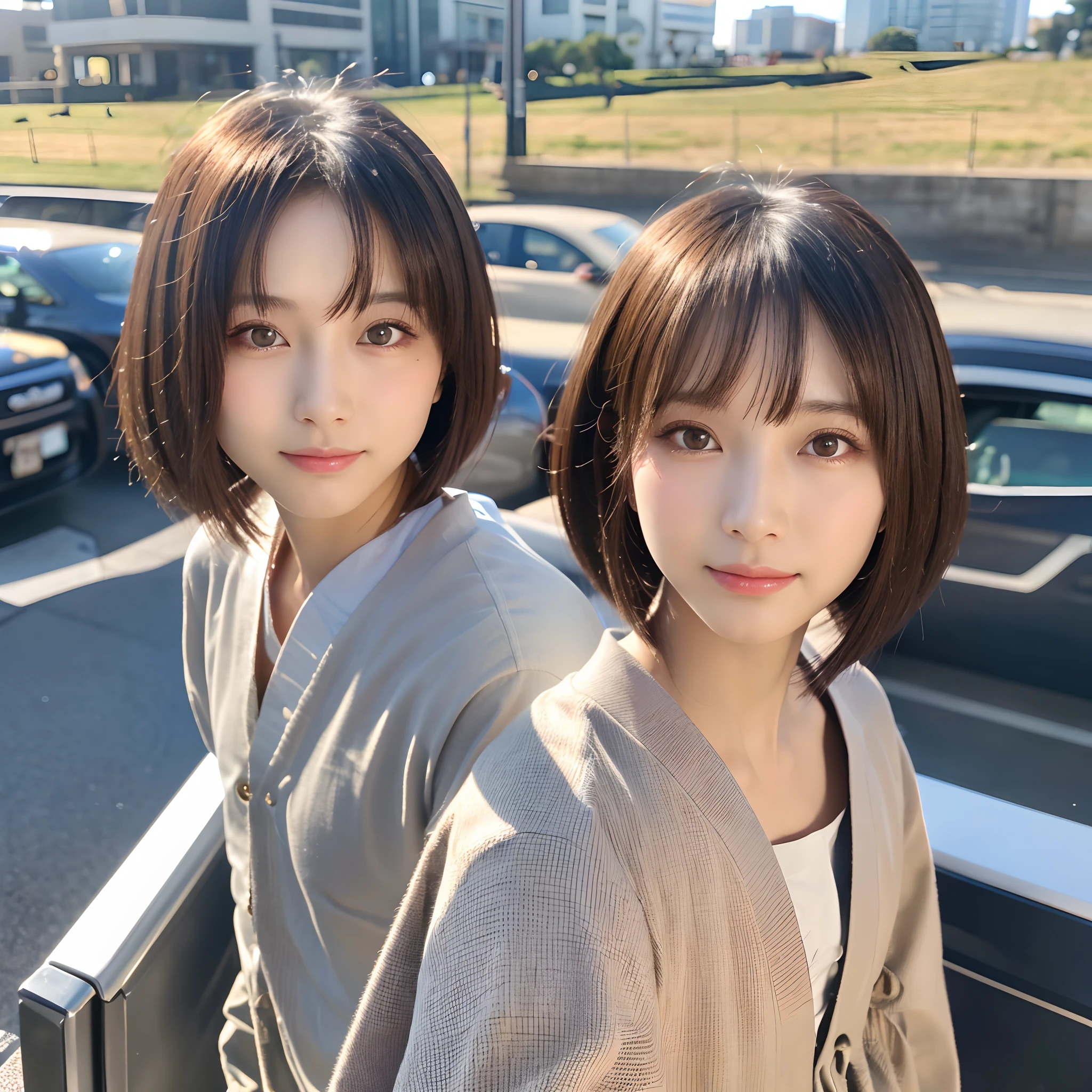 An ultra-high picture quality,(Japan Beauty),22year old,Official Art,((Uncropped bob hair,bionde)),(sideshot),A detailed face(Face like the real thing),Detailed hair,Realistic skin,Fine-grained skin(realskin)Beautiful detailed eyes,Realistic eyes,profetional lighting,Beautiful skin,Beautiful face,foco nítido,Street background(Superb view background),Raw foto,A slight smil,Clocktop