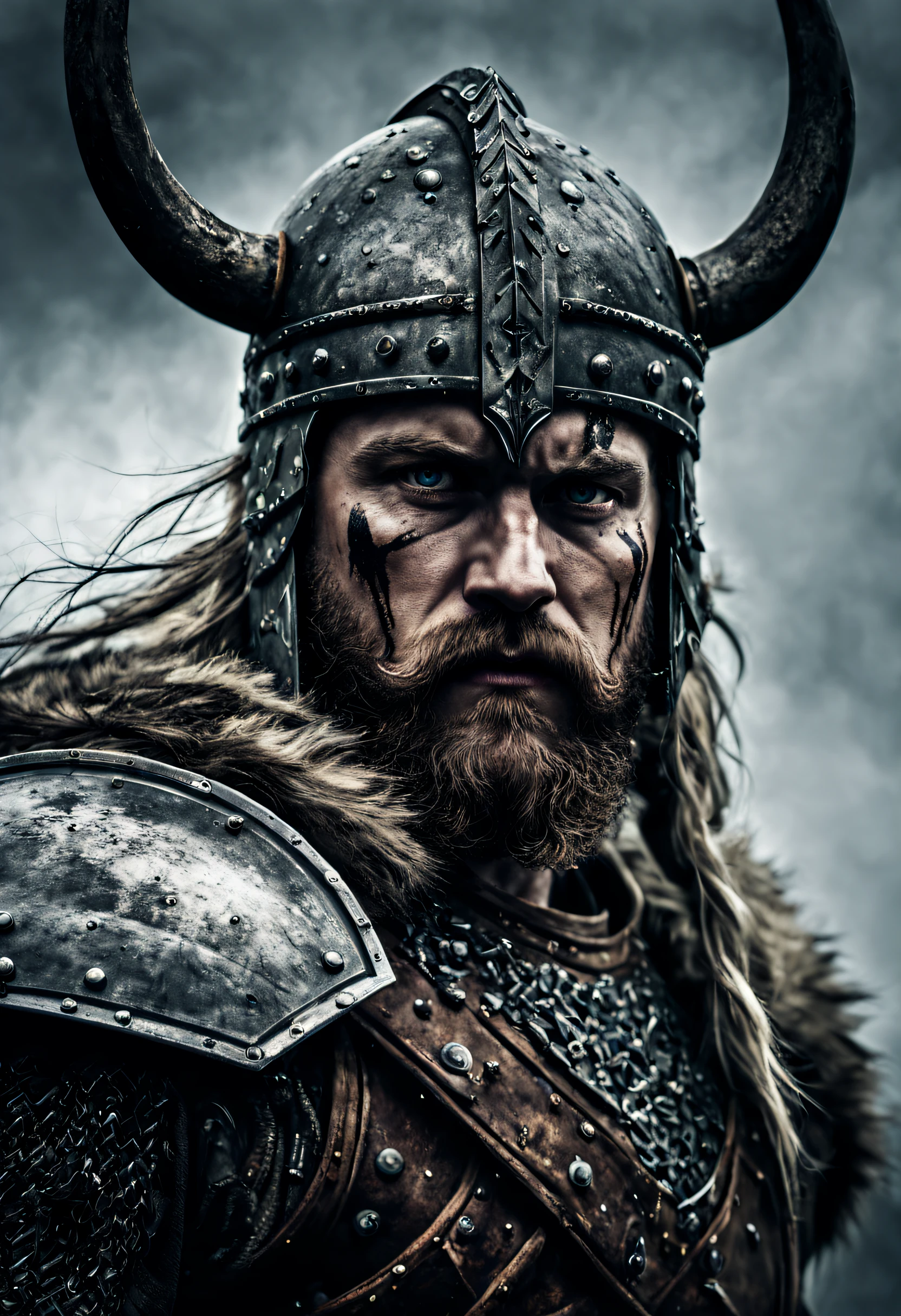 (best quality, ultra-detailed, high resolution, masterpiece: 1.2), close-up of a fierce Viking king, ancient warrior, tattered armor, battle scars, aggressive expression, intense eyes, worn face, fierce look, glistening sweat, necklace beads, ornate helmet, sharp sword, sheathed daggers, dusty battlefield, smoky atmosphere, hazy background, discreet lighting, dramatic shadows, muted colors, sinister aura