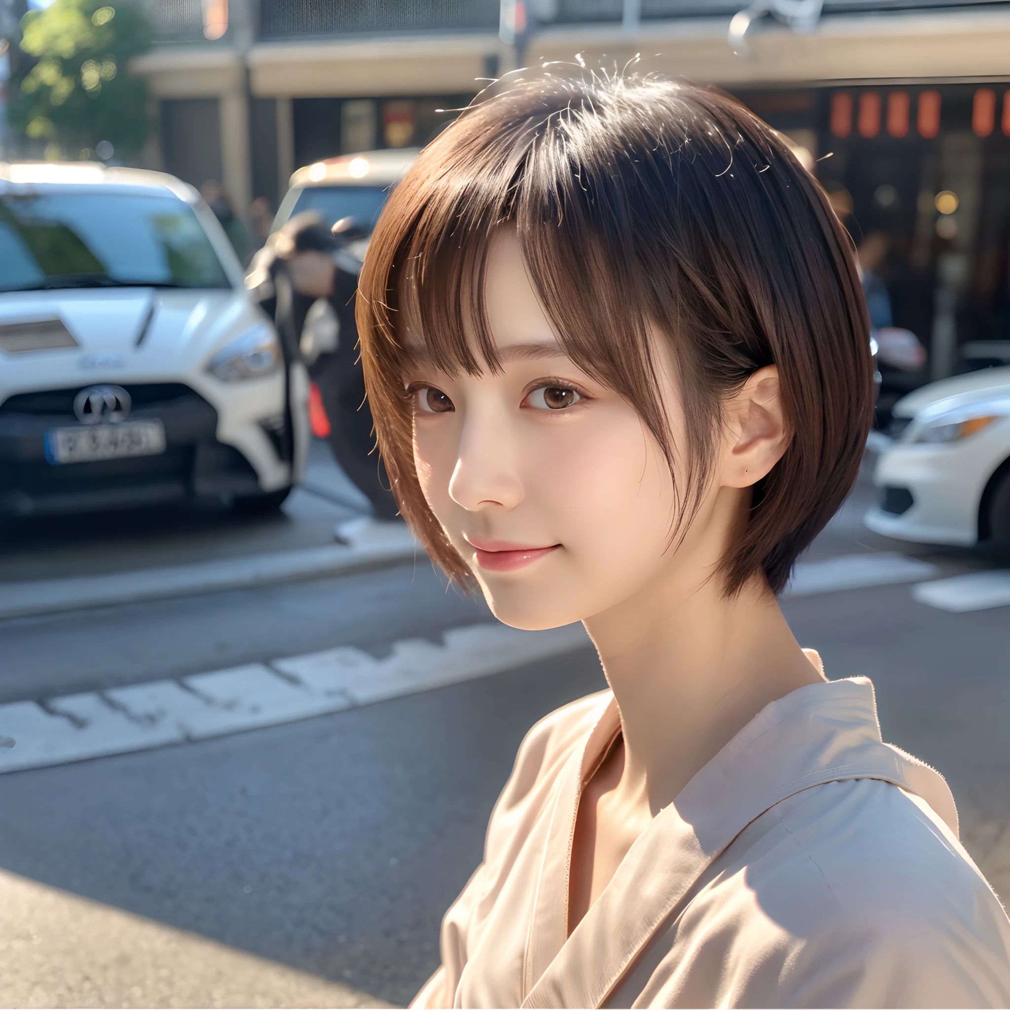 An ultra-high picture quality,(Japan Beauty),22year old,Official Art,((Uncropped bob hair,bionde)),(sideshot),A detailed face(Face like the real thing),Detailed hair,Realistic skin,Fine-grained skin(realskin)Beautiful detailed eyes,Realistic eyes,profetional lighting,Beautiful skin,Beautiful face,foco nítido,Street background(Superb view background),Raw foto,A slight smil,Clocktop