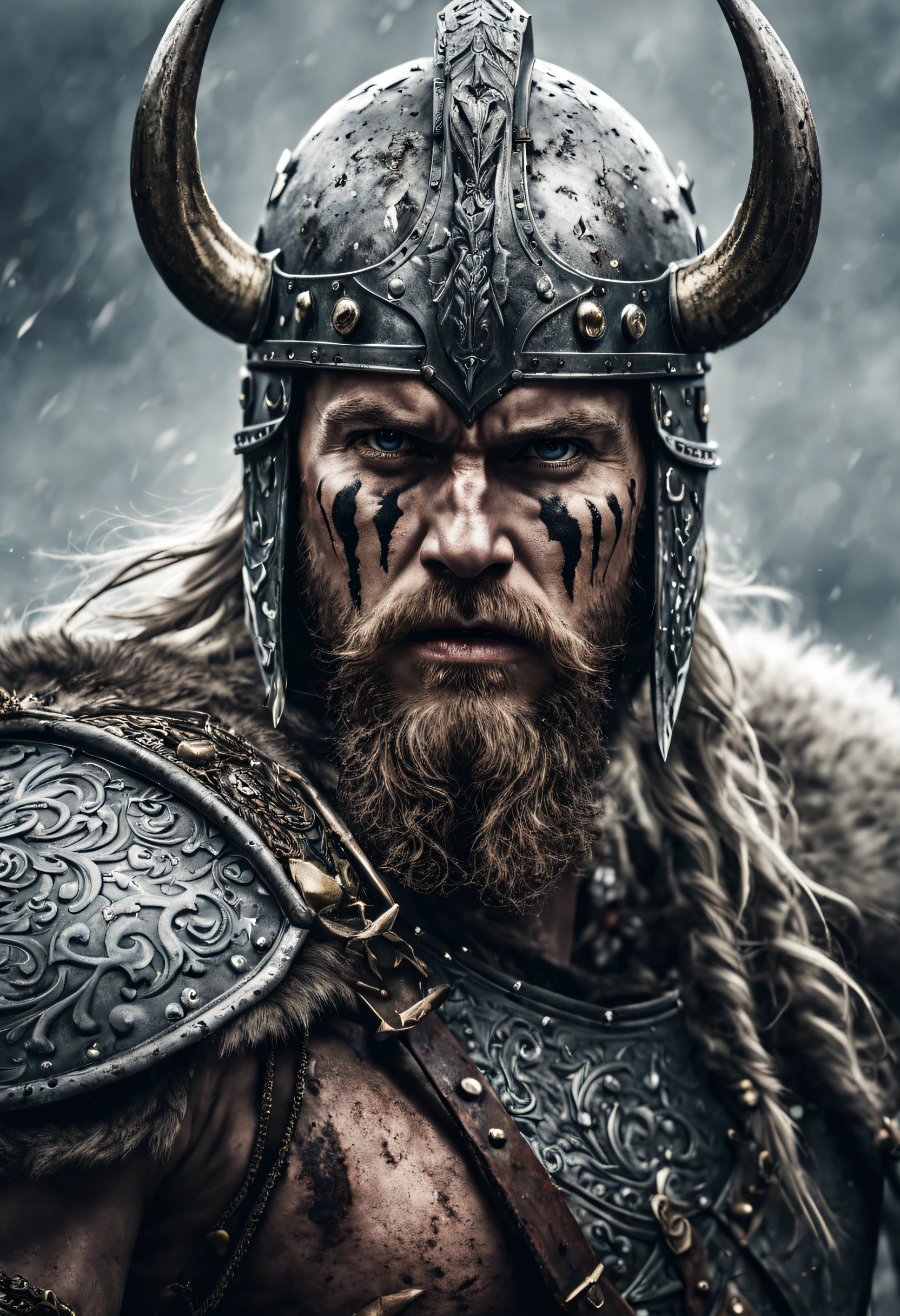 Close up viking warrior with axe in hand, Brunetette, blue eye, makeup on face, axe next to the face, large head ornament , necklace on the neck