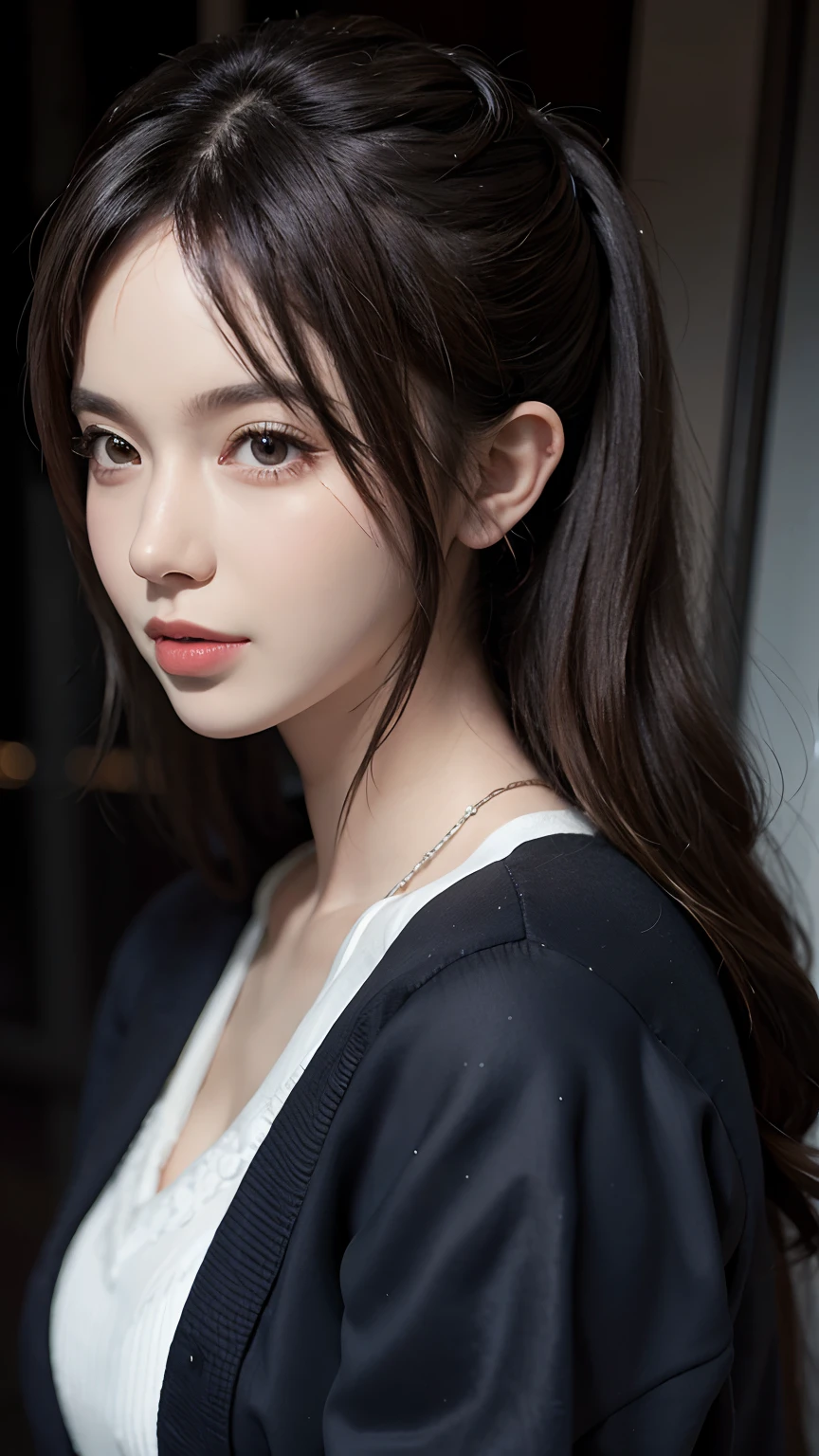 Photorealistic, masutepiece, Best Quality, Raw photo, 1girl in, Solo, Long hair, Brown hair, Detailed face, alluring face, Black Button-Up Shirt, medium breasts, Dynamic Pose, Looking at Viewer, From below, Detailed background, fine detailed, intricate detailes,  Ray tracing, depth of fields, lowkey, nffsw、cleavage of the breast