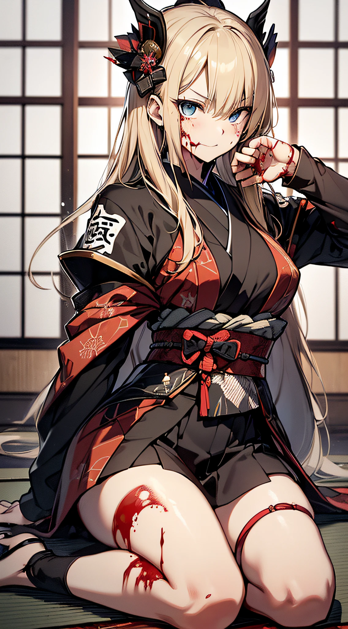 top-quality、Top image quality、masterpiece、girl with((cute little、18year old、Best Bust、Medium bust、Bust 85,Beautiful blue eyes、Breasts wide open,Blonde long hair、A slender、Black Samurai Costume、Murderous face,He holds a sword in his right hand Japan、black and white color scheme、fighting poses、systemic return blood、Reflecting the whole body、sit in))hiquality、Beautiful Art、Background with((Japanese-style room、The screen is covered in blood、Bloody tatami mats、Bloody fusuma、Shoji with blood)),masutepiece、Elaborate design、visualart、depth of fields、The best lighting、highestdetailed、8k,、Art of Kurosawa World