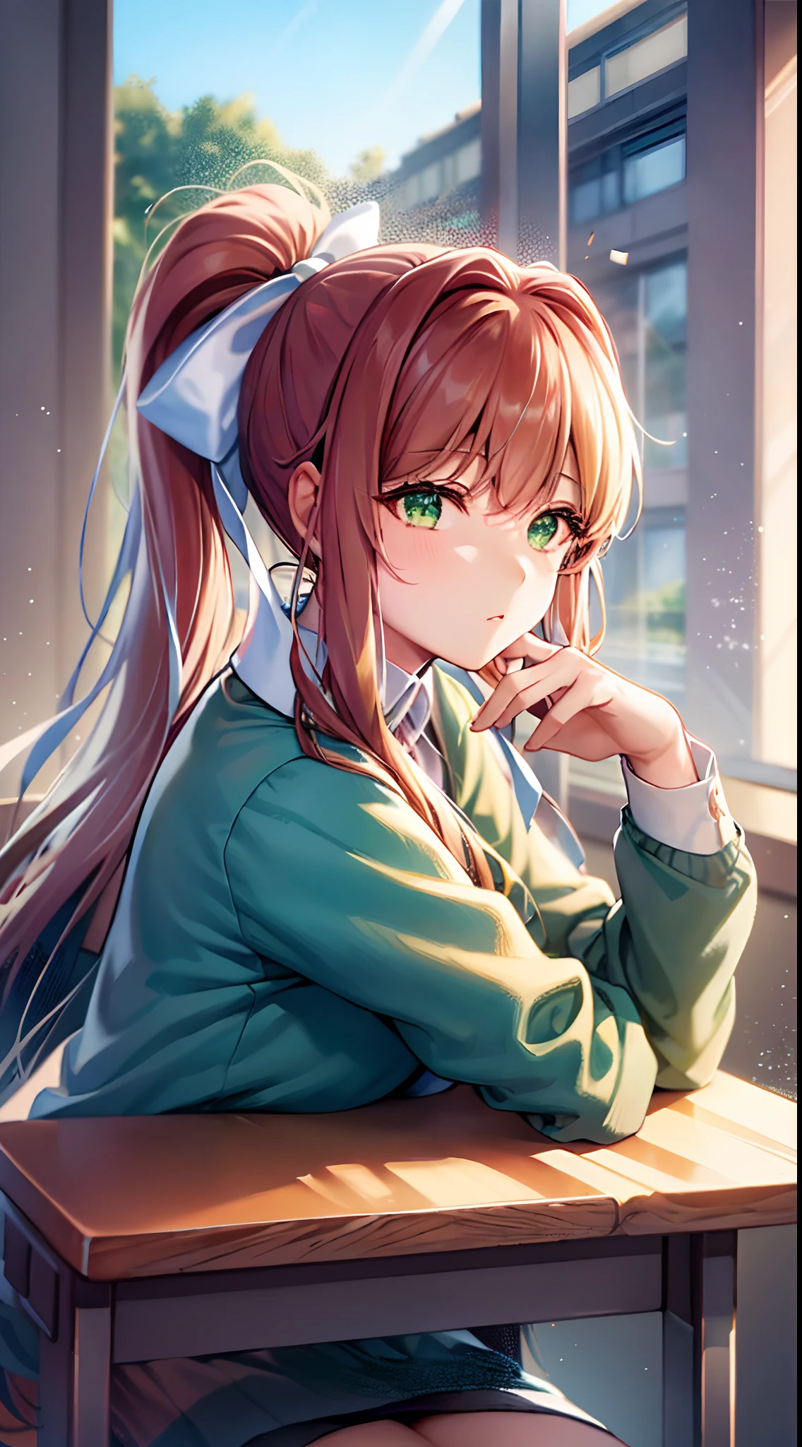 (masterpiece, top quality, best quality, art, beautiful), monika, green eyes, very long hair, ponytail, (background: Classroom)