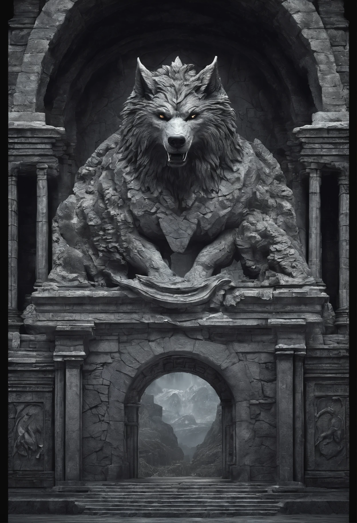 The  giant end time wolf of Tartarus; essence of fear, awe and anger; devorer of worlds;  imprisoned in the other plane of Tartarus; dark ancient ruins; prison; style: dark fantasy.