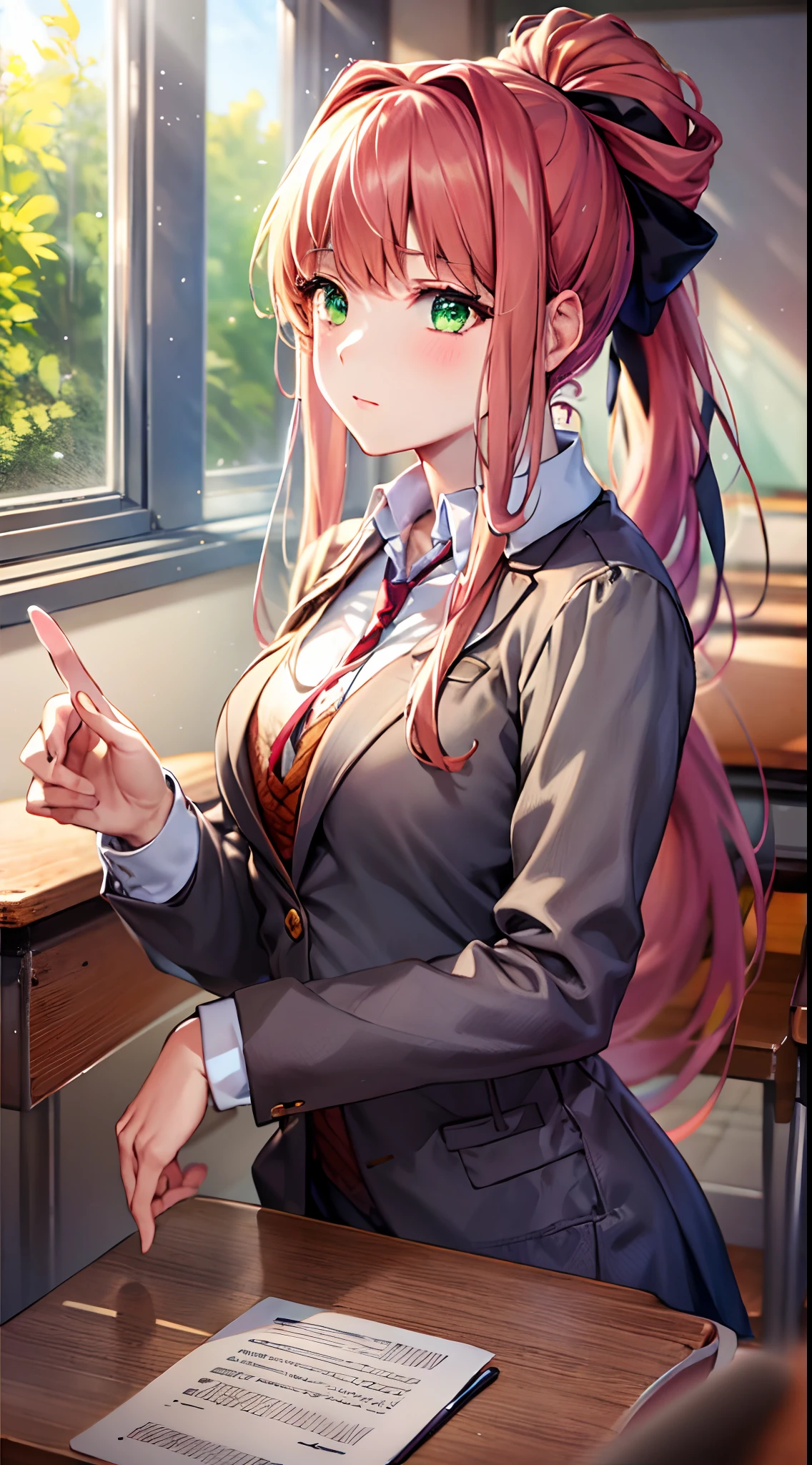 (masterpiece, top quality, best quality, art, beautiful), monika, green eyes, very long hair, ponytail, (background: Classroom)