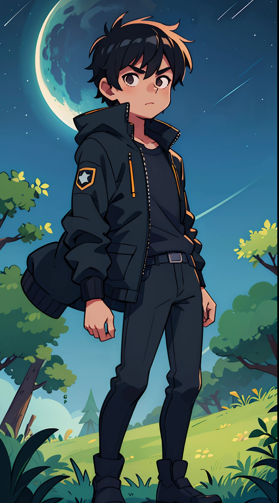 1 blacked haired male character looking at the stars in the forest at the night time, wearing a black jacket