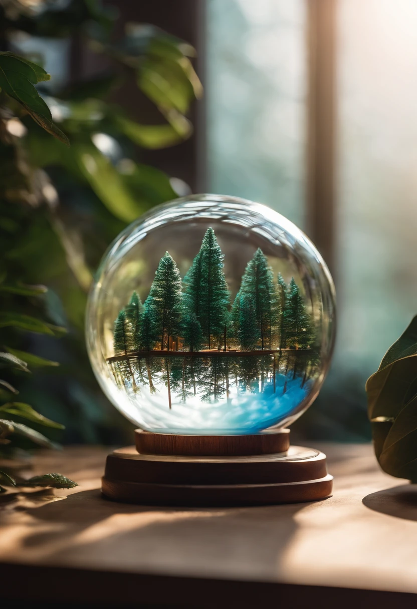 Photography shot with Canon EOS R5 using a 50mm lens. The scene captures a pristine glass orb delicately cradling a detailed miniature of the Petronas Twin Towers. This orb sits atop a polished oak desk in the midst of a forest. Bright sunlight filters through the dense tree canopy, casting soft rays onto the desk, illuminating the orb. The ambient light reveals floating particles dancing gracefully around the orb, creating an aura of nostalgia and serenity.