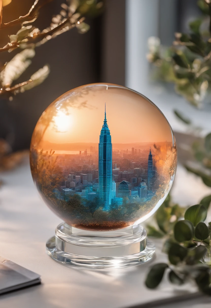 Photography shot with Canon EOS R5 using a 50mm lens. The scene captures a pristine glass orb delicately cradling a detailed miniature of the Petronas Twin Towers. This orb sits atop a polished oak desk in the midst of a forest. Bright sunlight filters through the dense tree canopy, casting soft rays onto the desk, illuminating the orb. The ambient light reveals floating particles dancing gracefully around the orb, creating an aura of nostalgia and serenity.