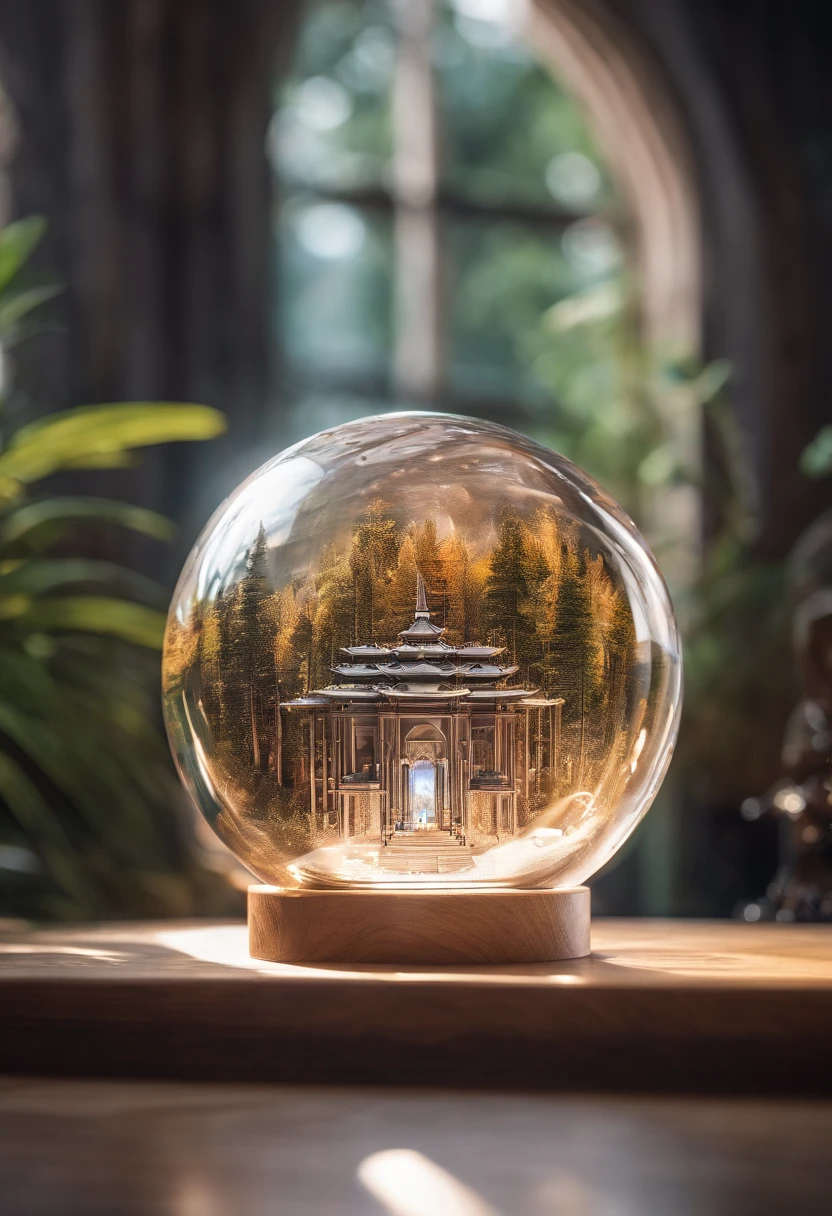 Photography shot with Canon EOS R5 using a 50mm lens. The scene captures a pristine glass orb delicately cradling a detailed miniature of the Petronas Twin Towers. This orb sits atop a polished oak desk in the midst of a forest. Bright sunlight filters through the dense tree canopy, casting soft rays onto the desk, illuminating the orb. The ambient light reveals floating particles dancing gracefully around the orb, creating an aura of nostalgia and serenity.