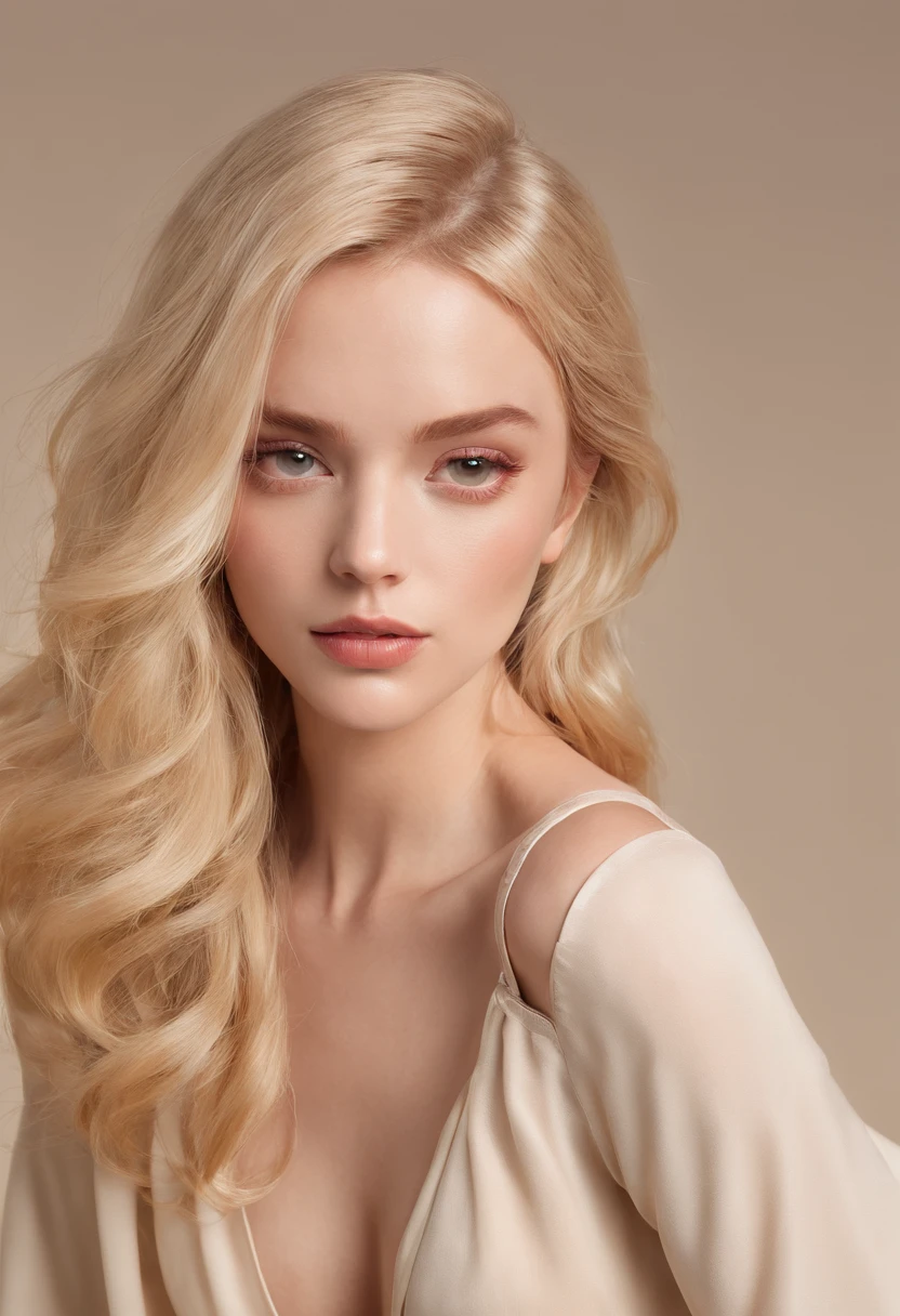(best quality,4k,highres,masterpiece:1.2),portrait,beautiful woman with blonde flowing hair, wearing tight beige clothing, back view, low back neckline, sensual attire, exposed thighs