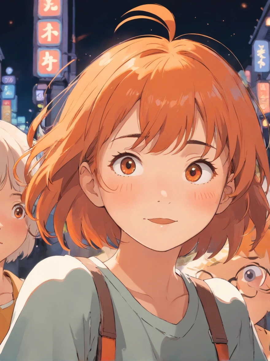 flushed cheek, girl, short orange hair with bangs, black eyes, looks at the audience, happy
