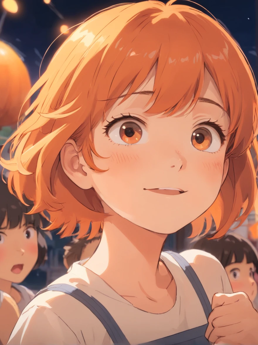 flushed cheek, girl, short orange hair with bangs, black eyes, looks at the audience, happy