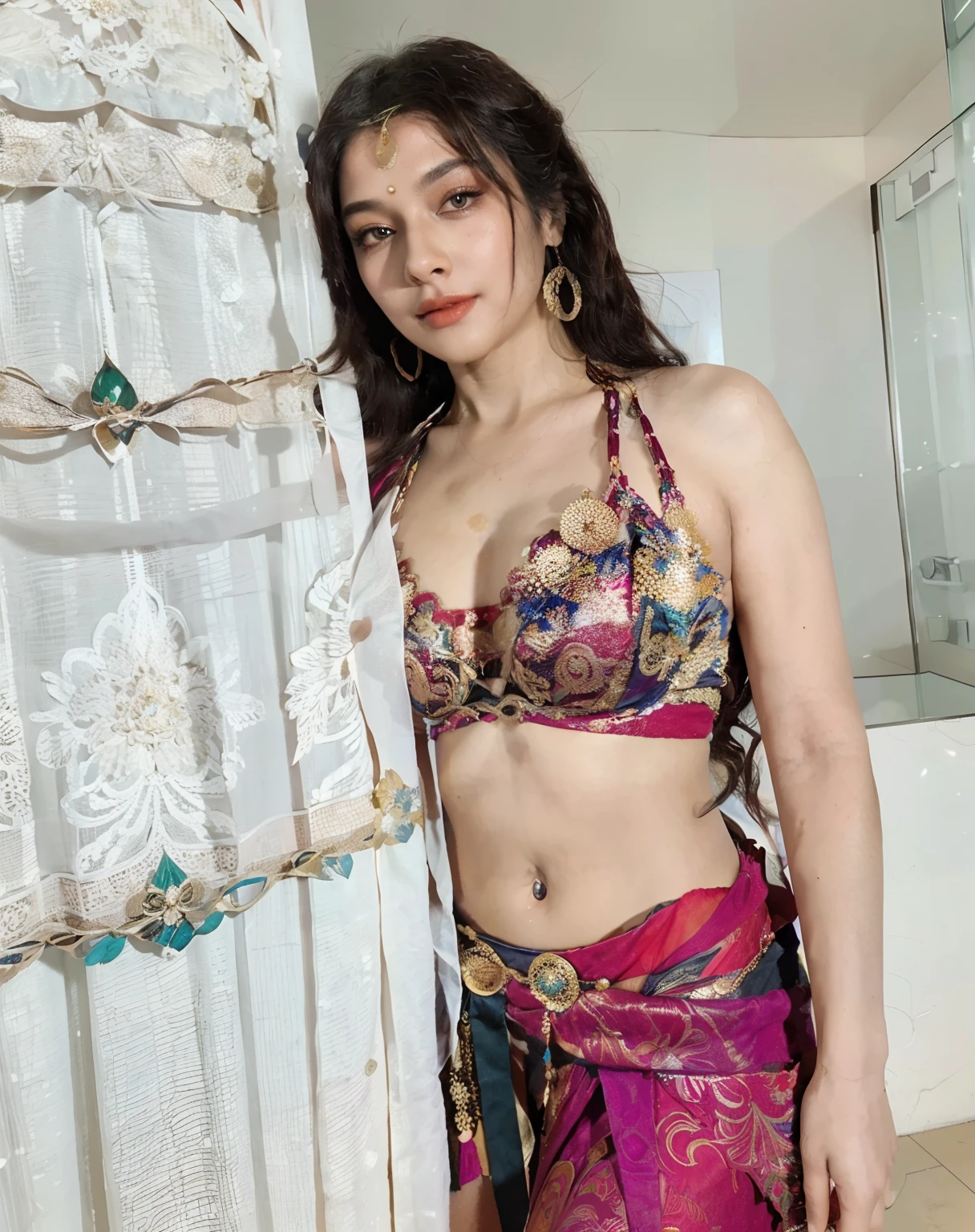 a close up of a woman in a colorful sari posing for a picture, traditional beauty, with beautiful exotic, indian goddess, very seductive pose, indian, very sexy pose, sexy pose, candid picture, wearing an elegant tribal outfit, indian style, sexy girl, sexy look, provocative indian, attractive pose, wearing an ornate outfit, with beautiful colors, beautiful pose (8k, best quality, masterpiece:1.2), ultra-detailed, Masterpiece, realistic lighting, masterpiece, best quality, masterpiece, official art, extremely detailed CG unity 8k wallpaper, beautiful detailed eyes, light on face, 1girl, Asuka, Upper body, breasts, pilot_suit,