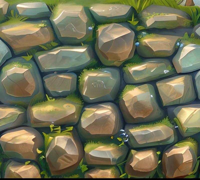 Stylized stone wall Texture, world of Warcraft style Texture, fantasy games stylzed Texture, tilleable, stone wall Stylize texture map, the stones surfaces are smooth, sharp image, high contrasts, natural clear blue sky day light, highly detailed, vivid colored, soft the stones surface, smooth color blending, Use of vivid colors, smooth and soft the wall stones edges.